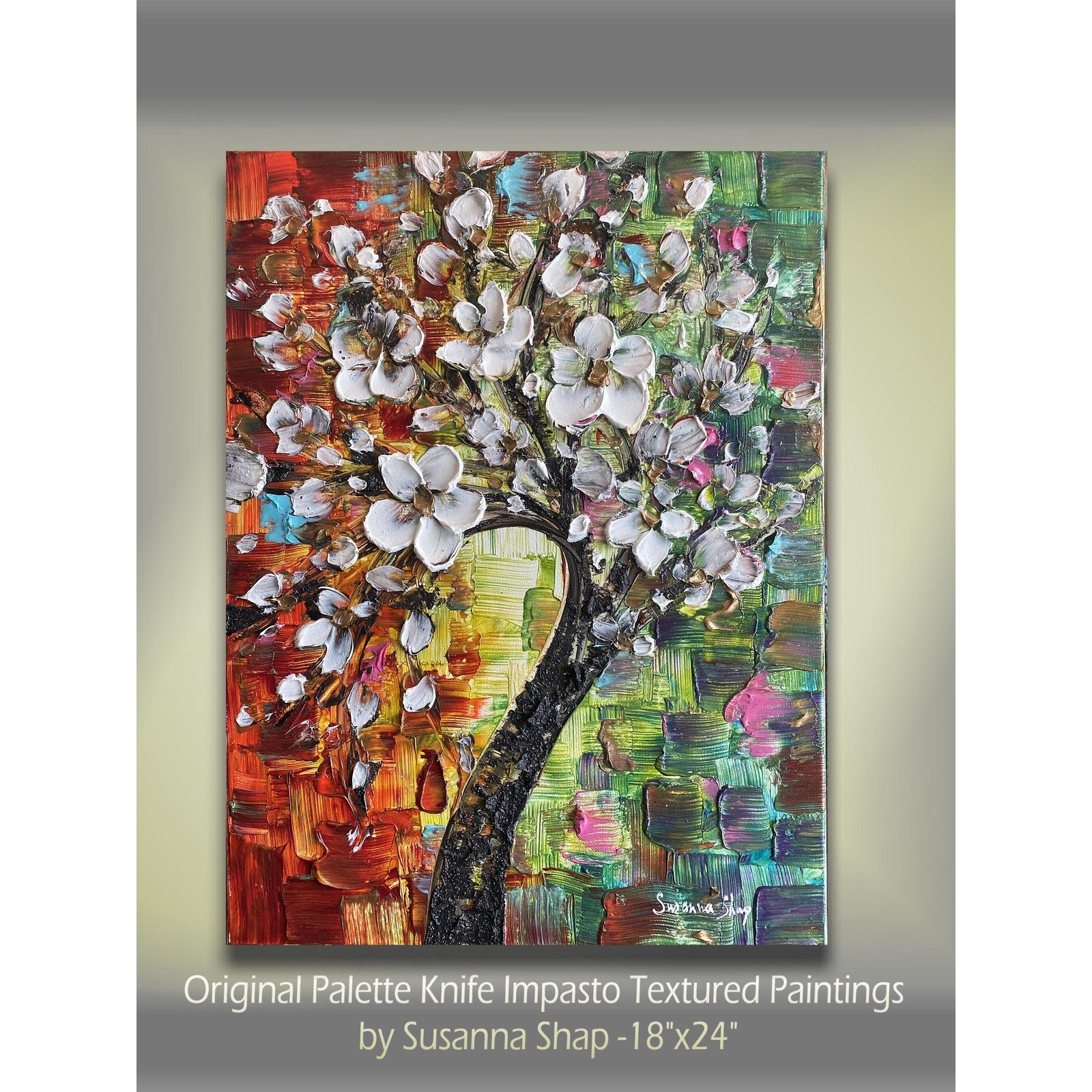 Original Palette Knife Cherry Blossom Painting, Textured Impasto