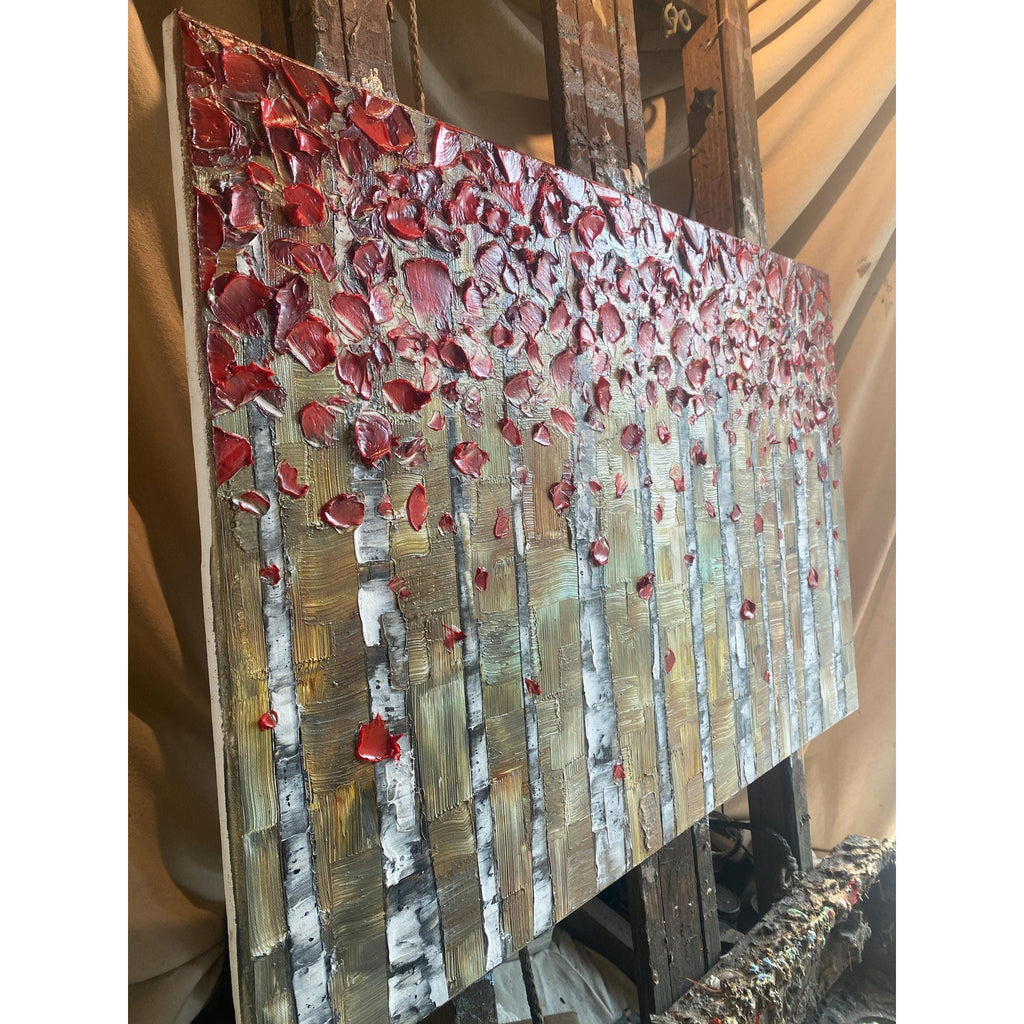 Red Birch Trees Impasto Painting, Textured Landscape Art (36x24")