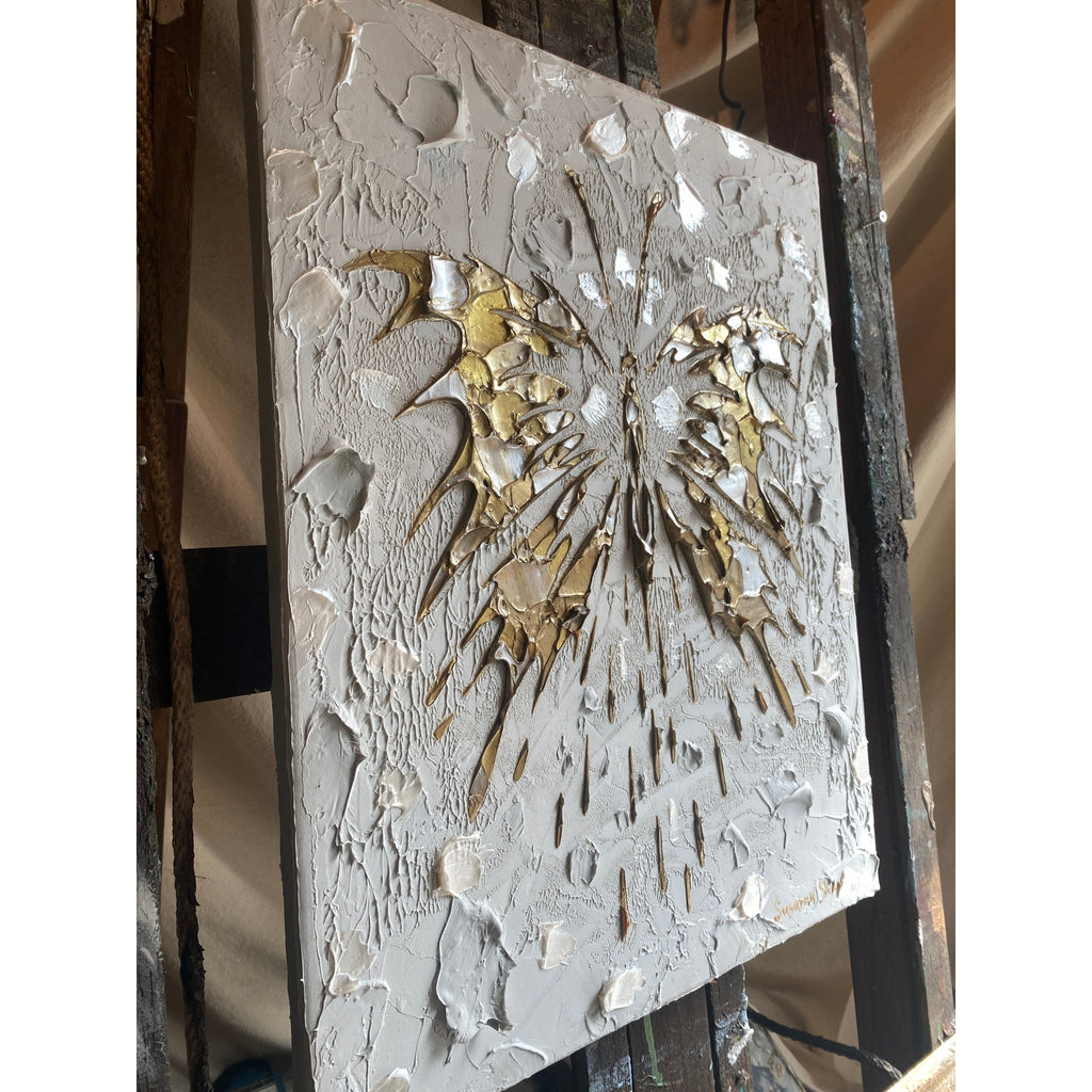Butterfly Fairy ORIGINAL Art Abstract White & Gold Textured painting, HandMade Artwork Canvas wall art  16x20"