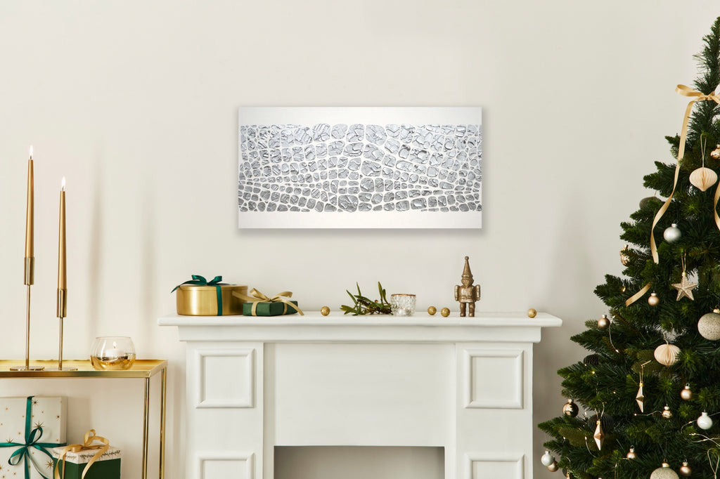 Original painting, metallic silver on white, Textured Large Abstract Art MADE2ORDER Mosaic Painting (48”x24”)