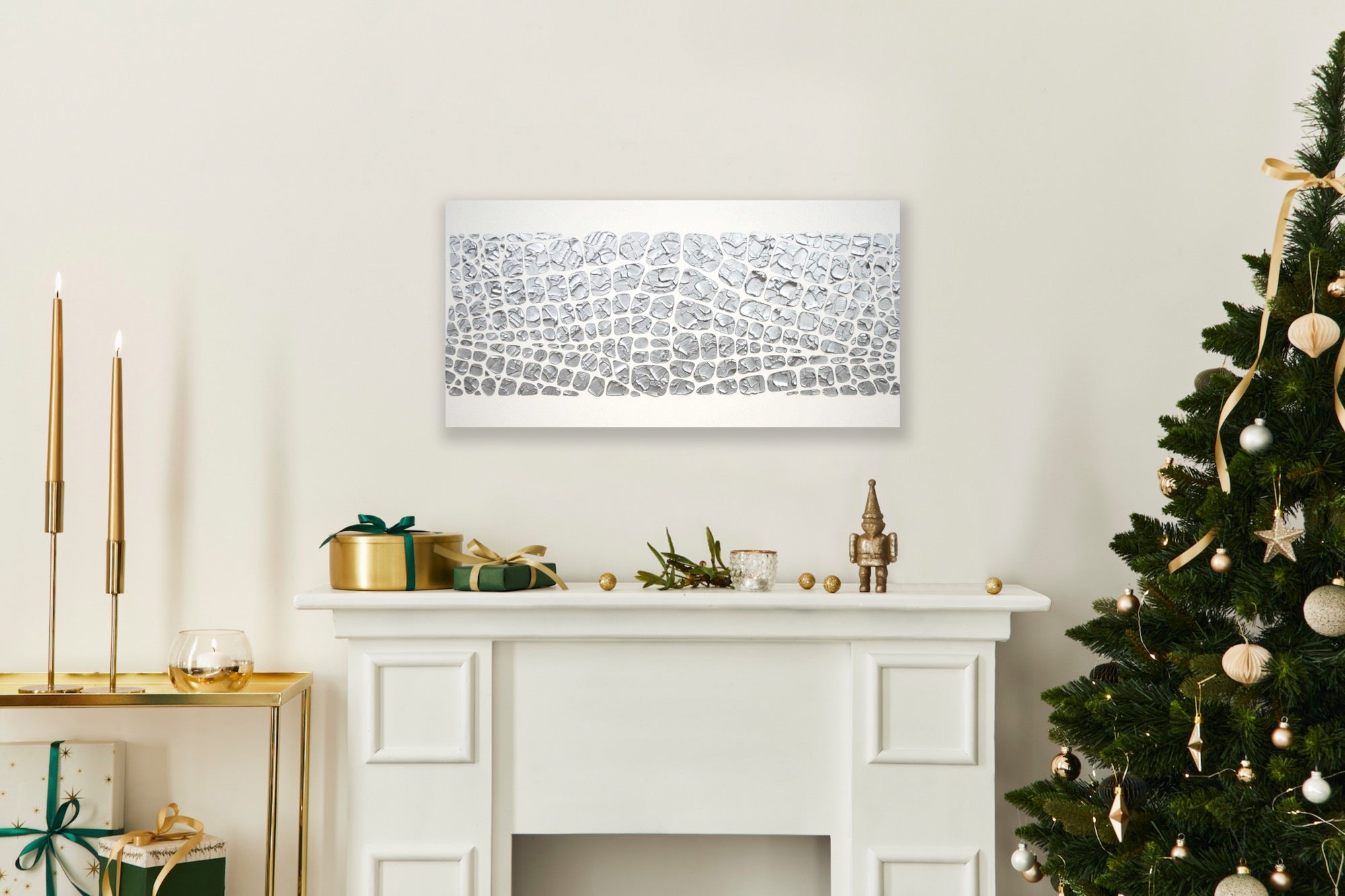 Original painting, metallic silver on white, Textured Large Abstract Art MADE2ORDER Mosaic Painting (48”x24”)