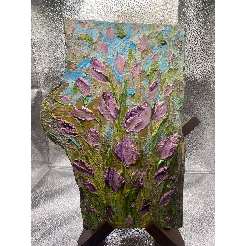 ORIGINAL Purple tulips Small Floral landscape oil painting, Textured Abstract Tactile Art on wood