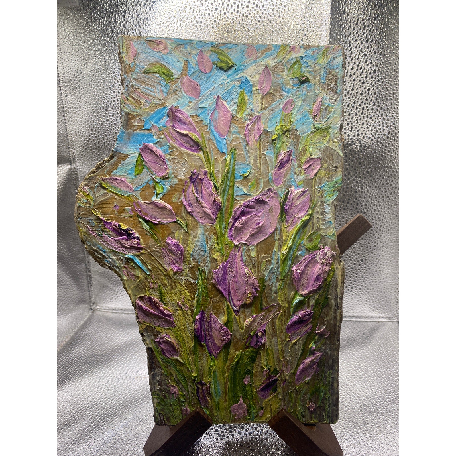 ORIGINAL Purple tulips Small Floral landscape oil painting, Textured Abstract Tactile Art on wood