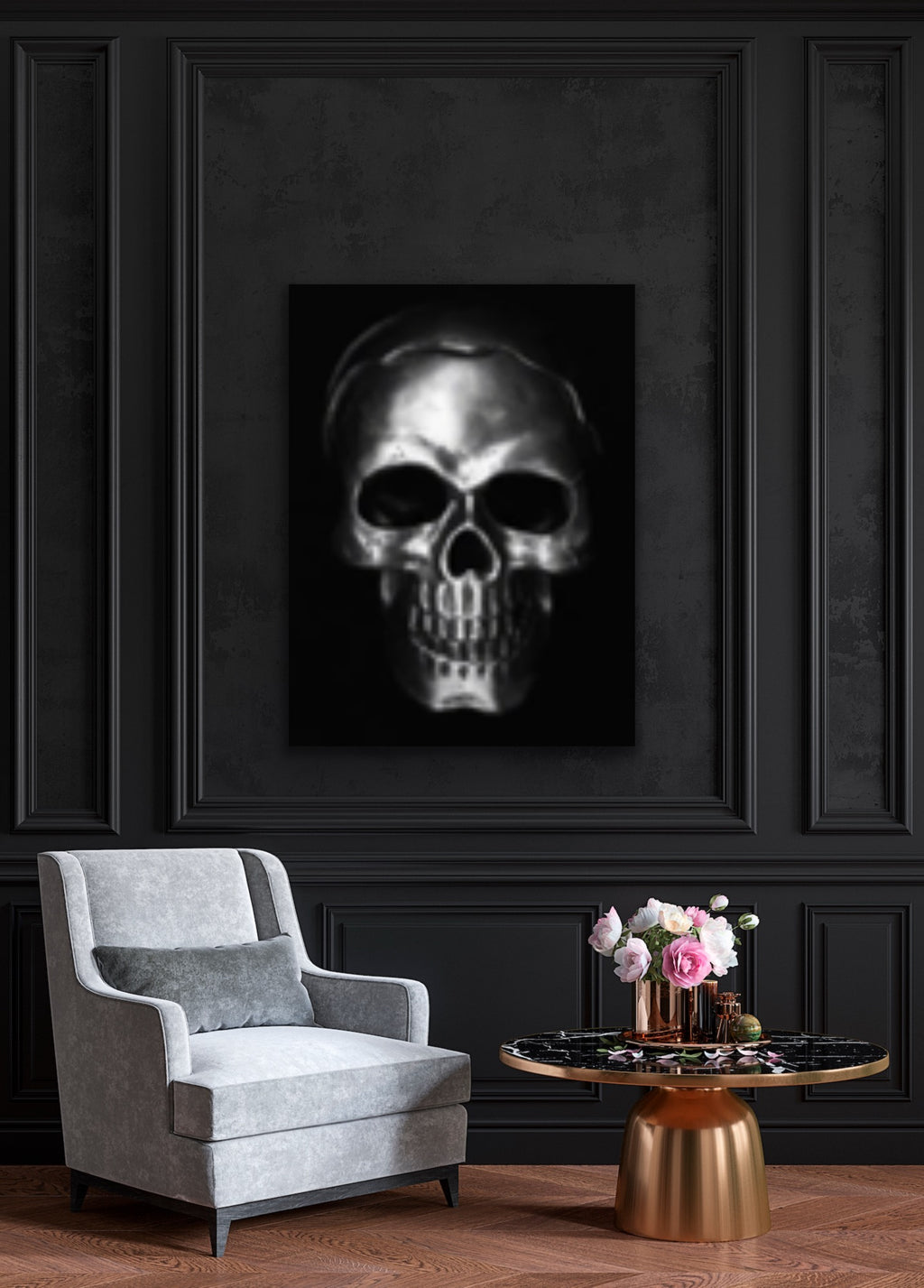 Silver skull on black, Original Photography, Gothic Halloween Wall art home decor, Stretched Canvas, Fine Art Giclee PRINT, Small-X large