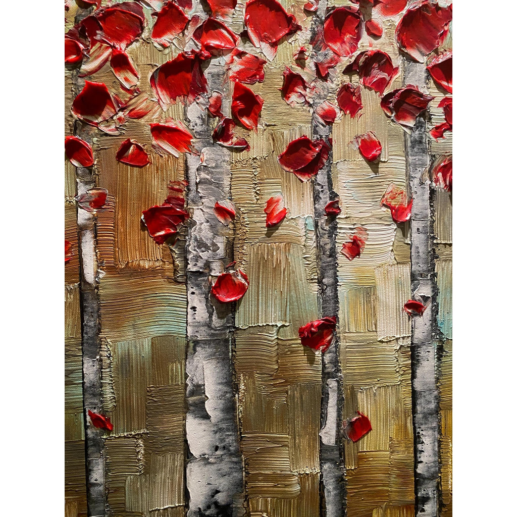 Red Birch Trees Impasto Painting, Textured Landscape Art (36x24")