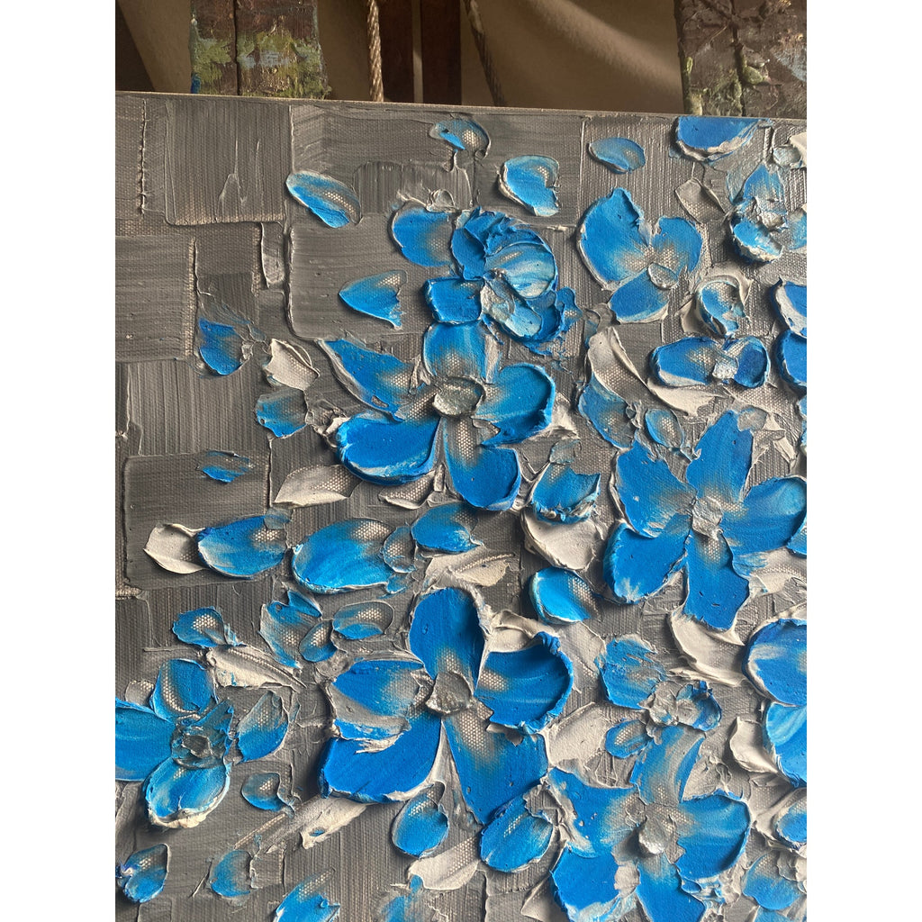 Original Blue flowers Painting Impasto still life bouquet in vase Textured palette knife Floral Art (24x36)