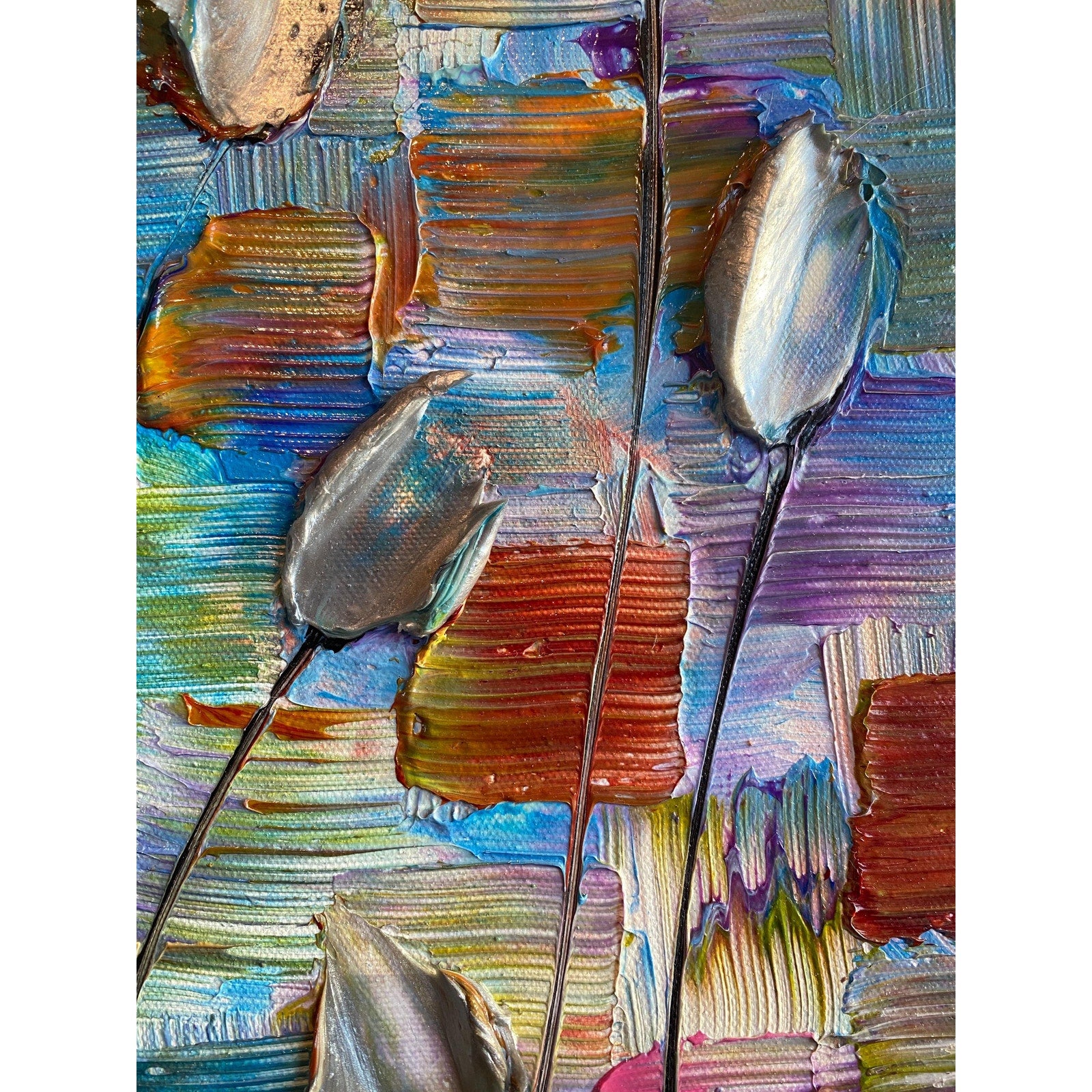 Original Silver Tulips Impasto Painting, Palette Knife Textured Art (20"x20")