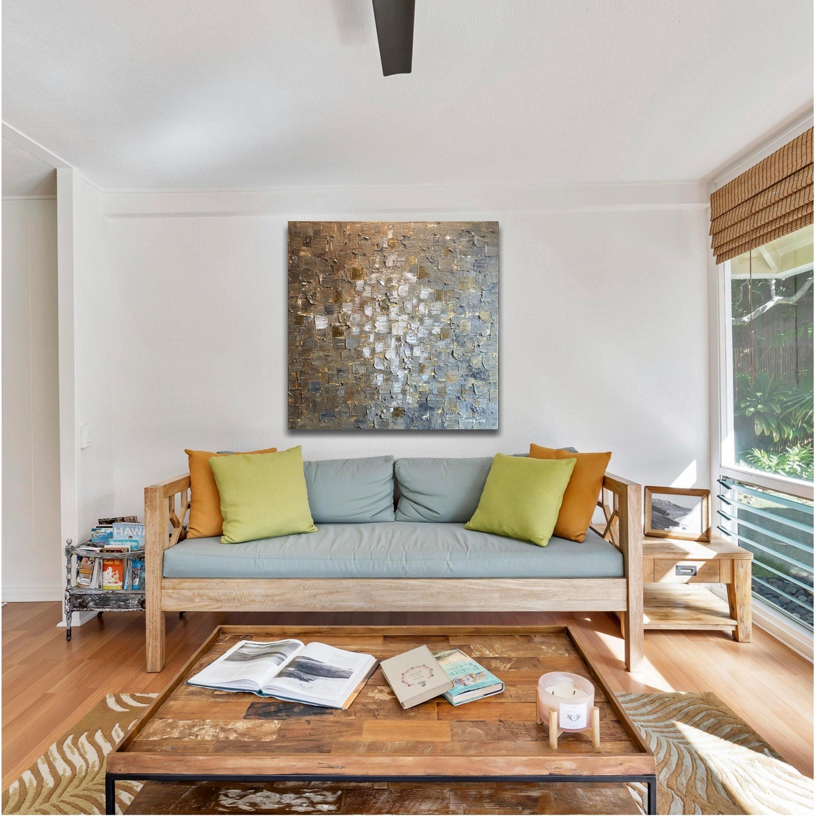 ORIGINAL Minimalist Large Abstract painting Neutral Beige Gray Squares Geometric Heavy Textured 36"x36" Palette knife Art- by Susanna Shap