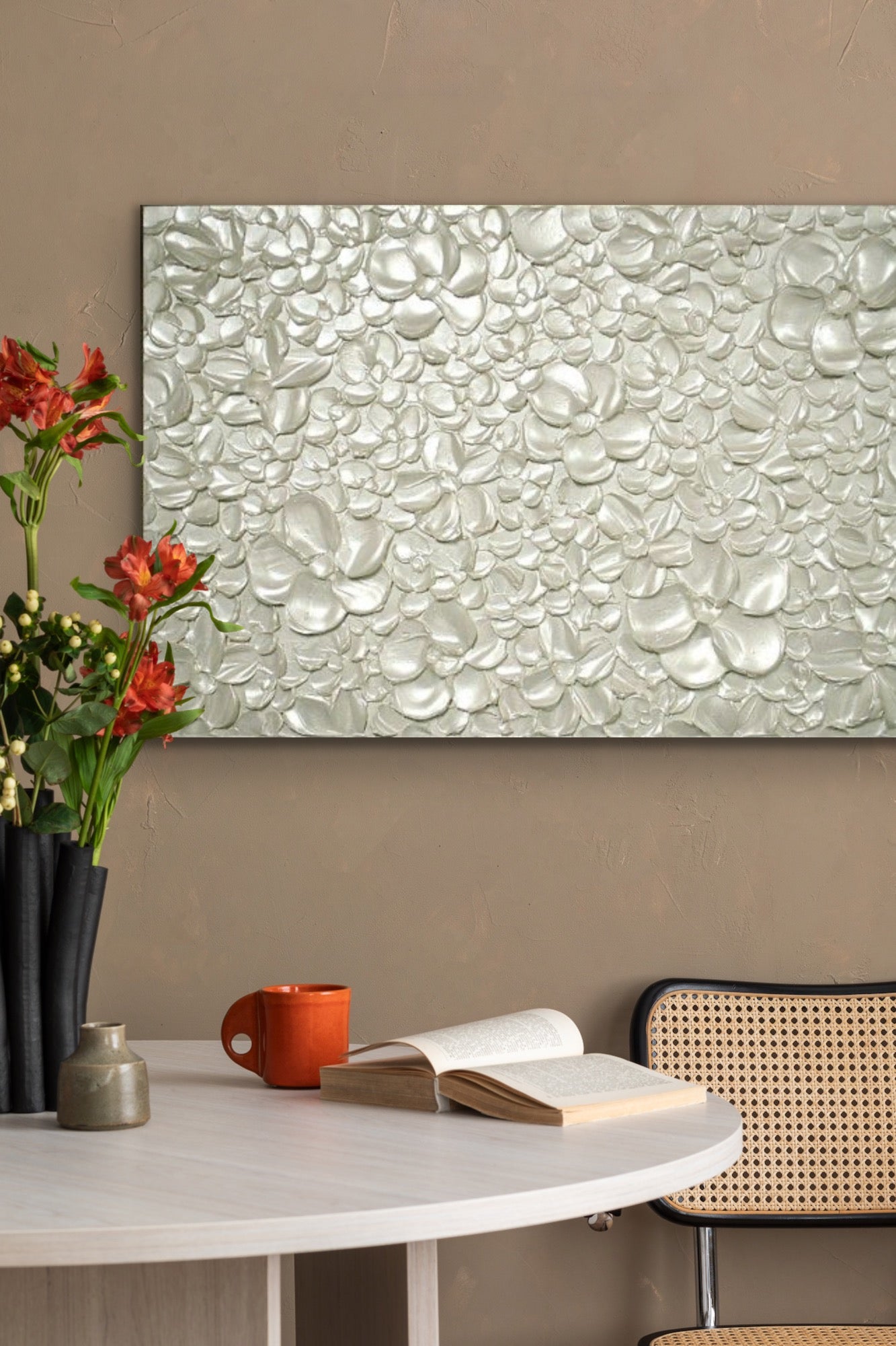 White pearl Blossoms Flowers Abstract Minimalist ORIGINAL Textured Painting palette knife Impasto, Abstract Wall Art -MADE2ORDER