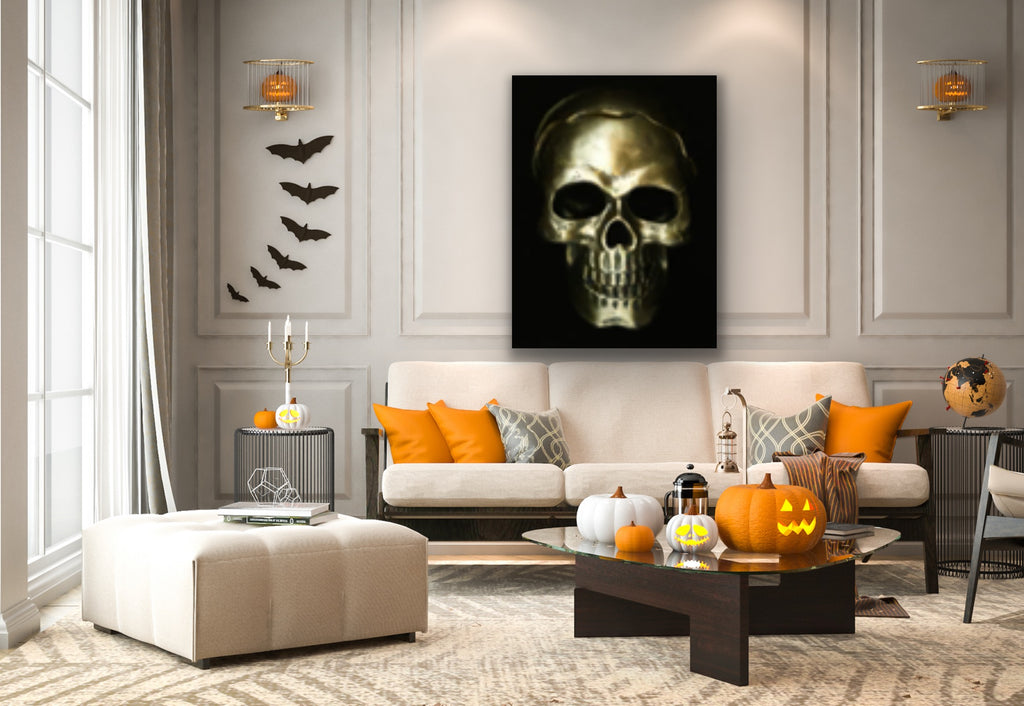 Gold skull on black goth Original Photography Halloween Wall art decor, Stretched Canvas, Fine Art Giclee PRINT, Small-X large, Susanna Shap