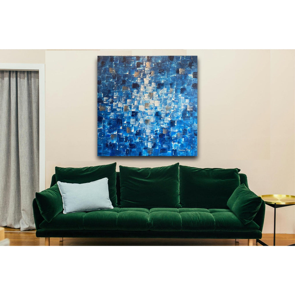 ORIGINAL Blue Large Abstract painting Minimalist Squares Geometric Heavy Textured 36"x36" Palette knife Art- by Susanna Shap