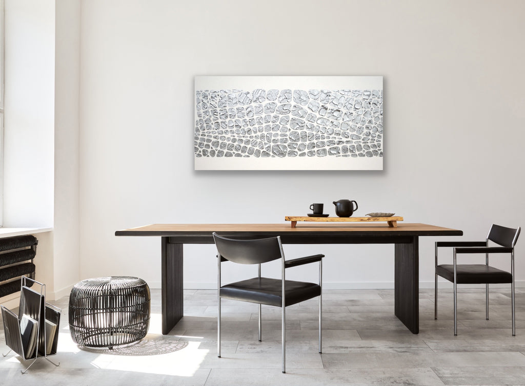 Original painting, metallic silver on white, Textured Large Abstract Art MADE2ORDER Mosaic Painting (48”x24”)