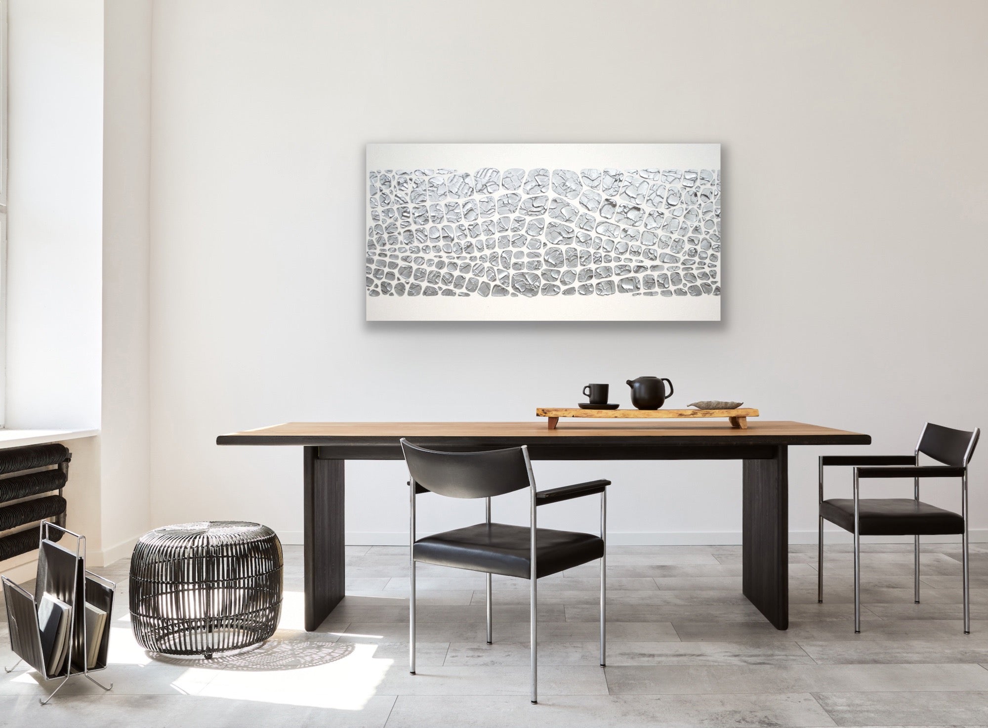 Original painting, metallic silver on white, Textured Large Abstract Art MADE2ORDER Mosaic Painting (48”x24”)