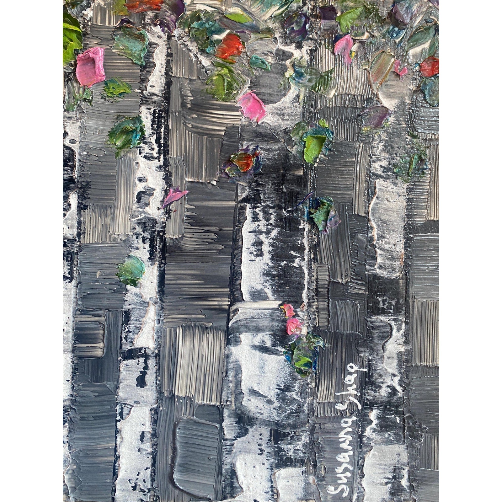 Original Textured Birch Trees Impasto Painting by Susanna Shap (48"x24")