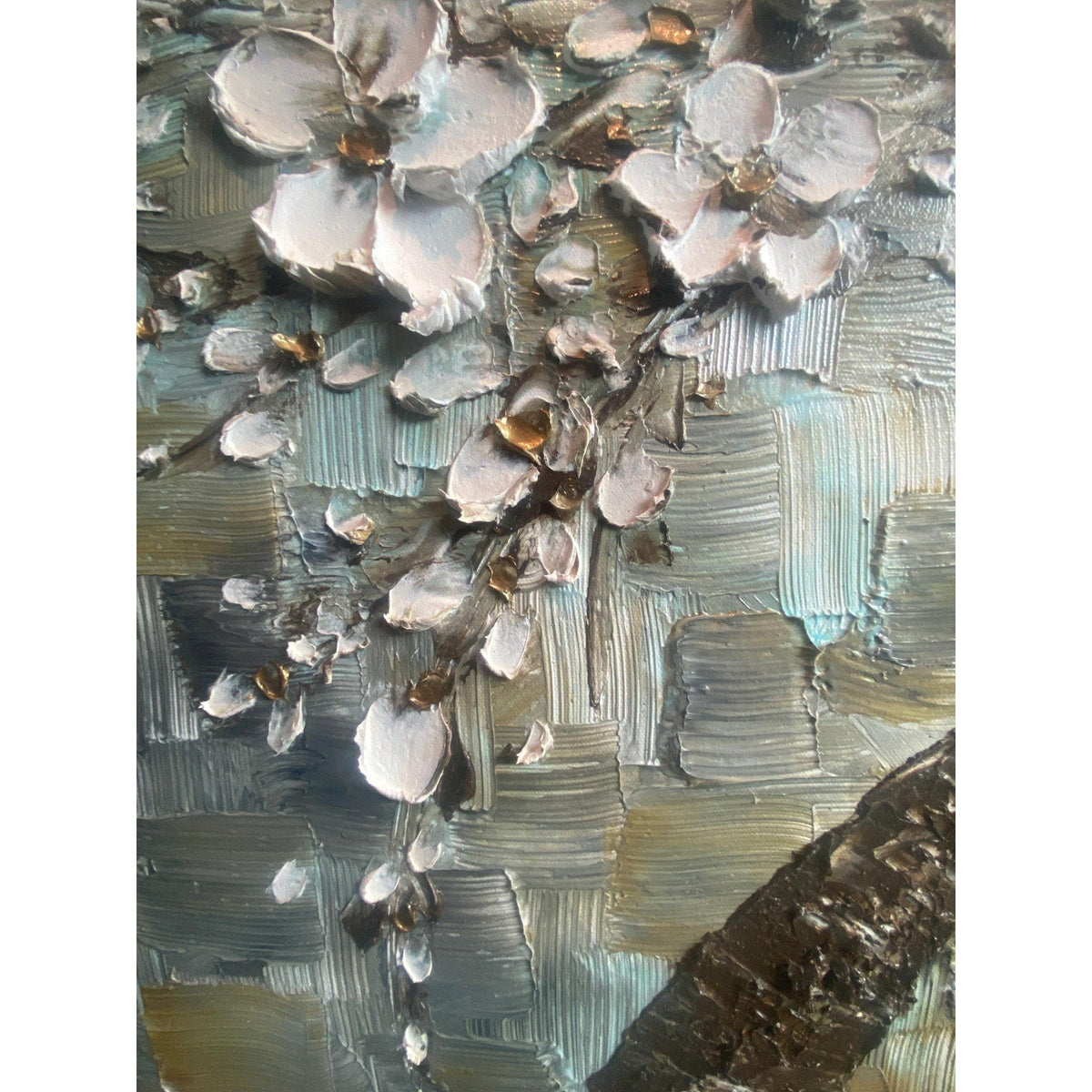 Original Impasto Texture Earth Tones Abstract tree painting White cherry blossom, Grey, Brown & Beige palette knife art by susanna shap (MADE2ORDER)