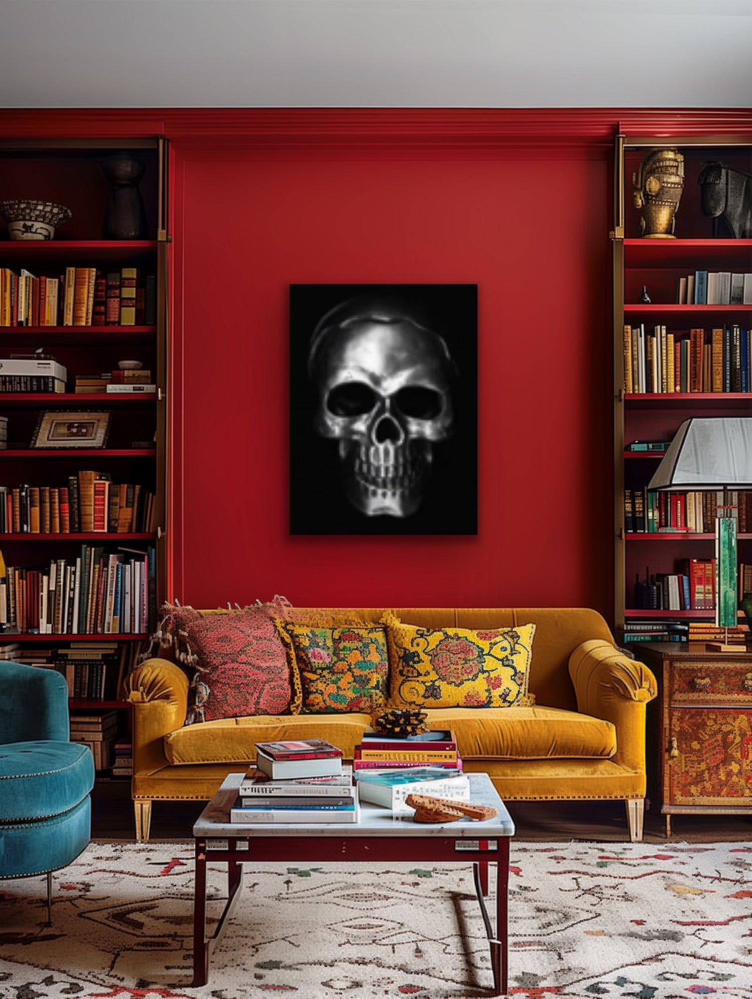 Silver skull on black, Original Photography, Gothic Halloween Wall art home decor, Stretched Canvas, Fine Art Giclee PRINT, Small-X large
