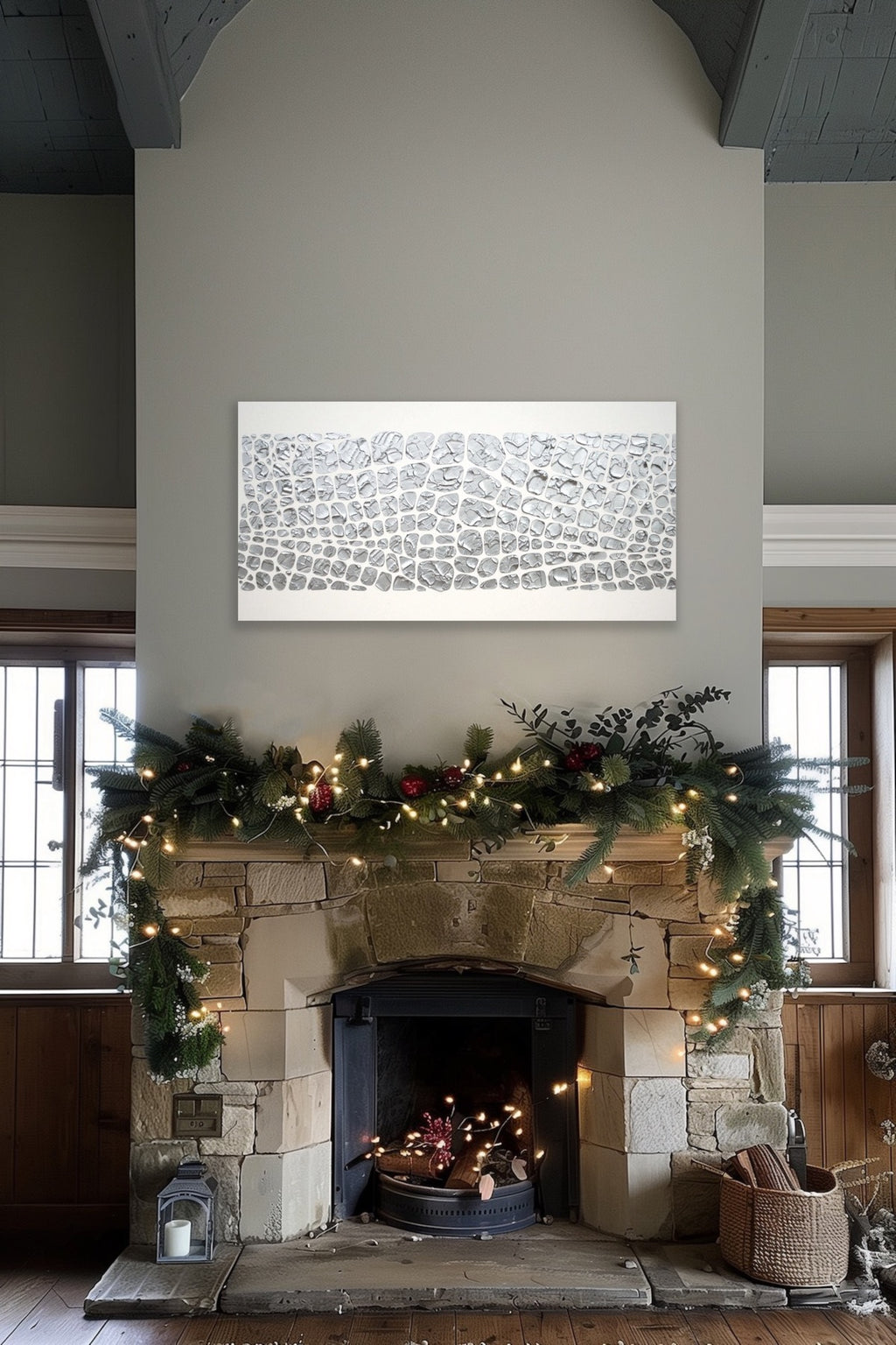 Original painting, metallic silver on white, Textured Large Abstract Art MADE2ORDER Mosaic Painting (48”x24”)