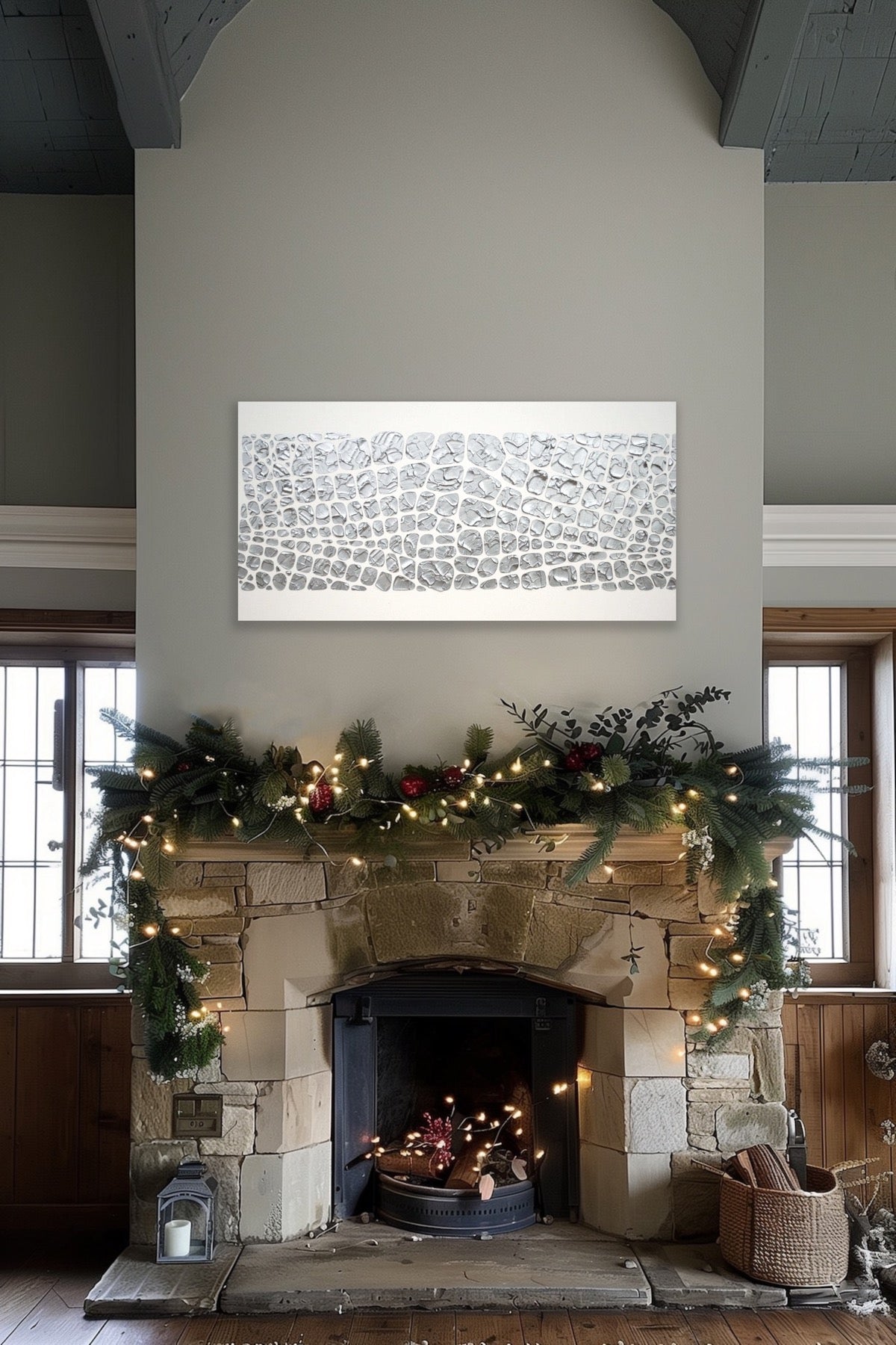 Original painting, metallic silver on white, Textured Large Abstract Art MADE2ORDER Mosaic Painting (48”x24”)