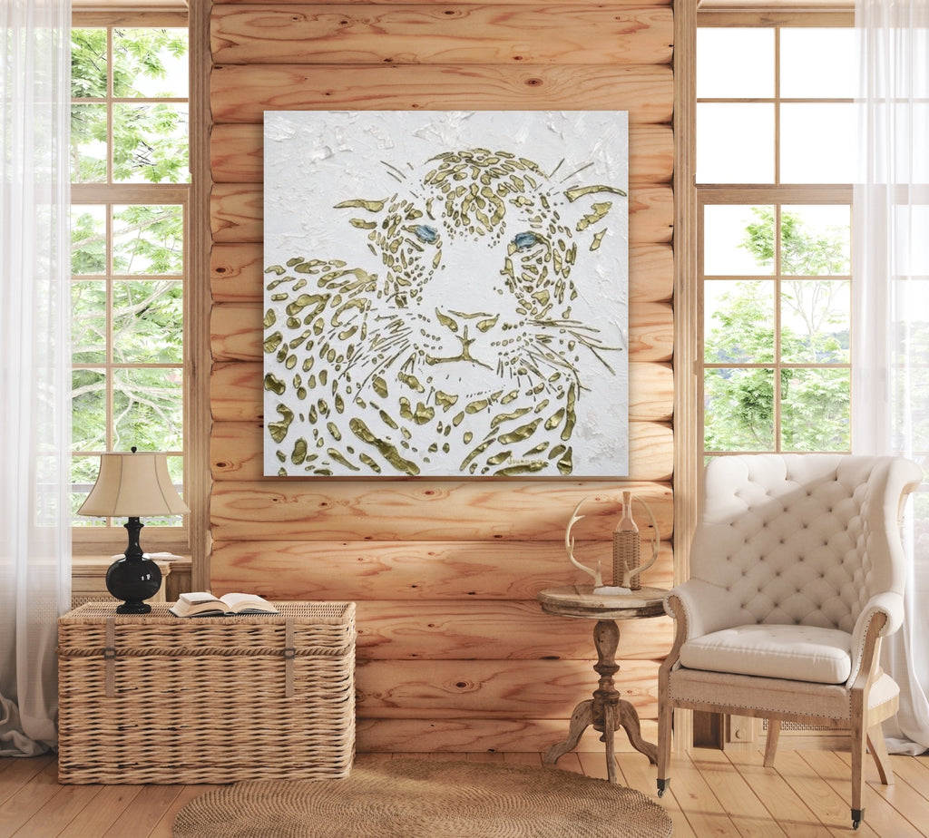 Original Leopard Painting MADE2ORDER Gold On White Textured Palette Knife Art
