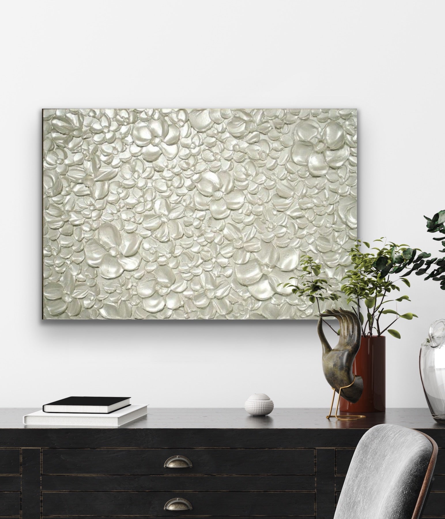 White pearl Blossoms Flowers Abstract Minimalist ORIGINAL Textured Painting palette knife Impasto, Abstract Wall Art -MADE2ORDER