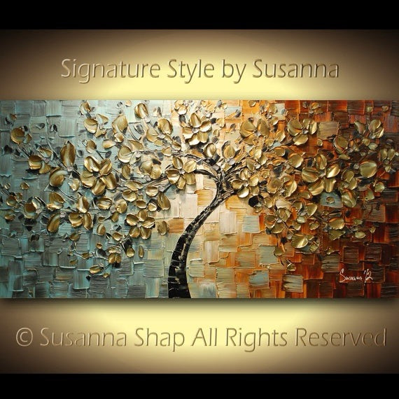 Original Gold Cherry Blossom Tree Abstract Landscape Earth tones Grey Brown and blue, Impasto Textured painting palette knife art by susanna shap (MADE2ORDER)
