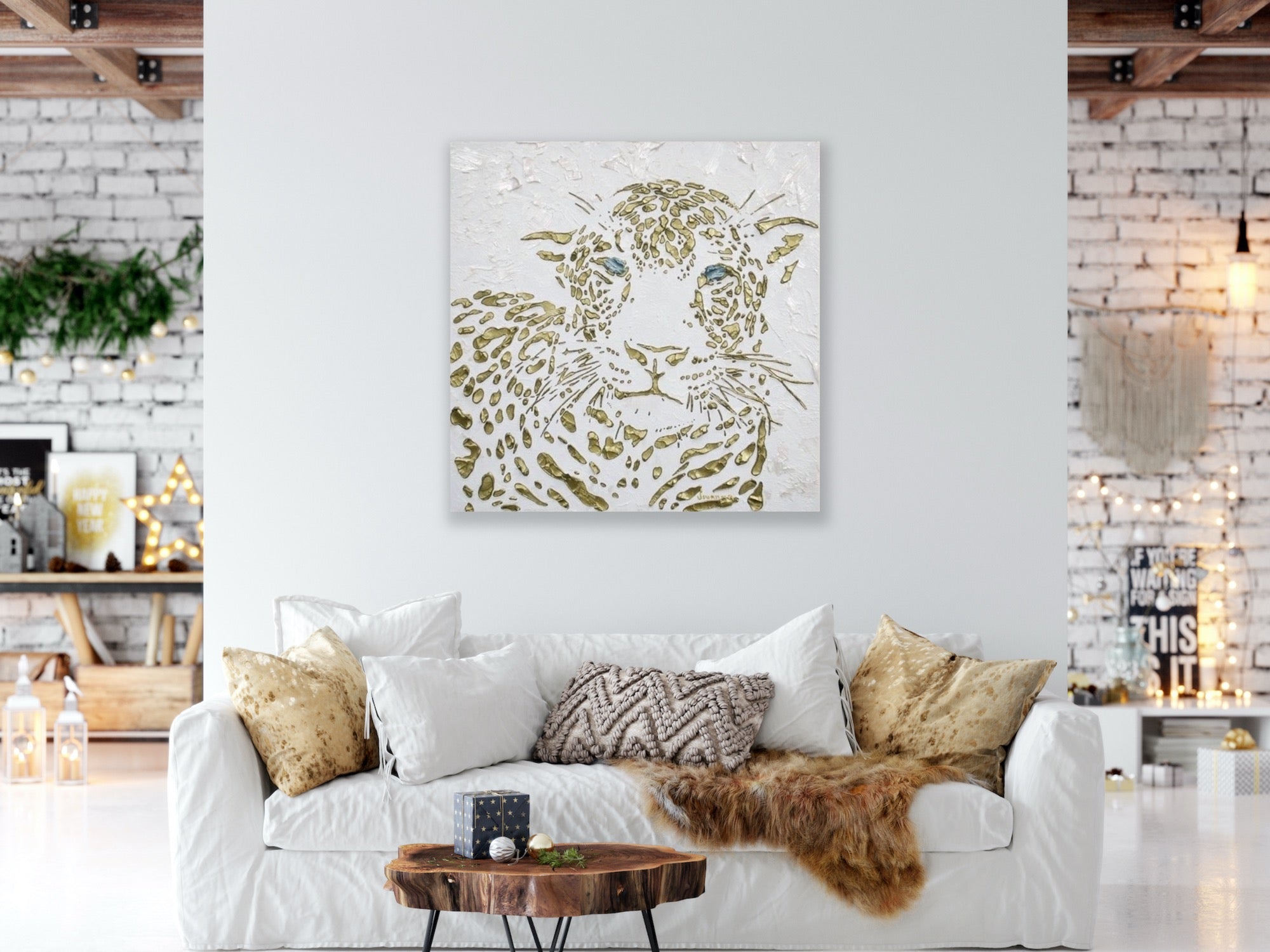 Original Leopard Painting MADE2ORDER Gold On White Textured Palette Knife Art
