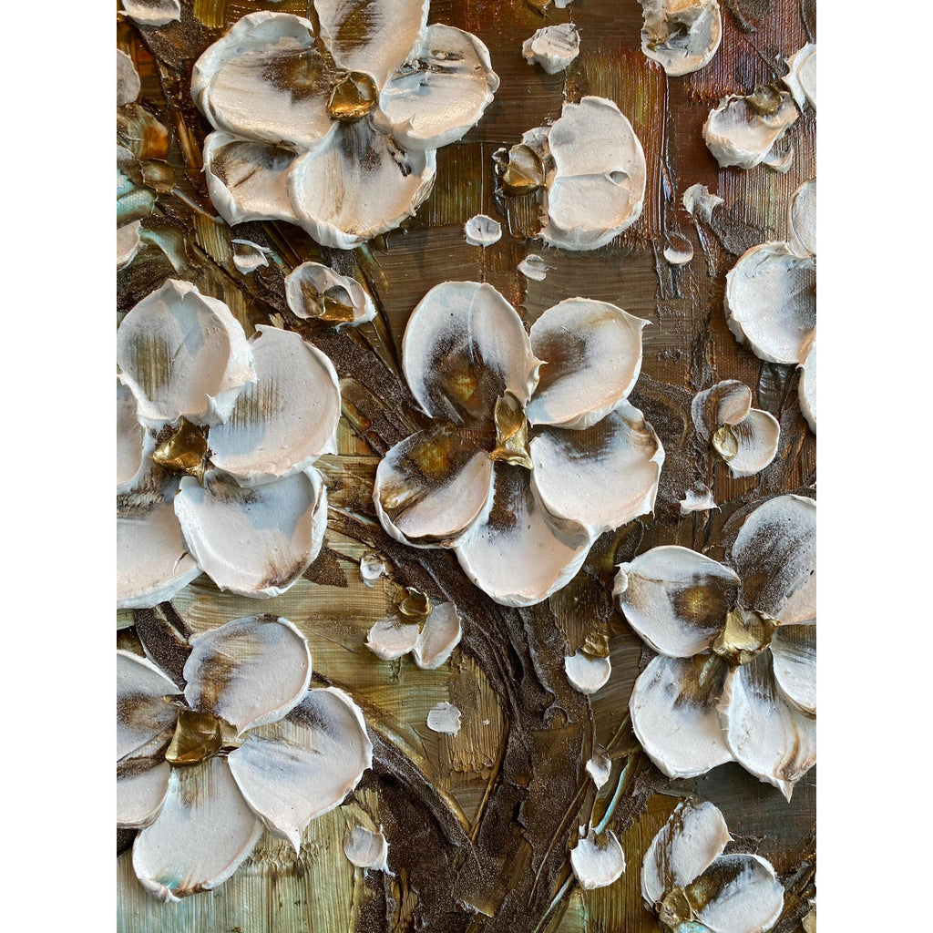 Textured Original White Cherry Blossom Palette Knife Impasto Painting (24x24")