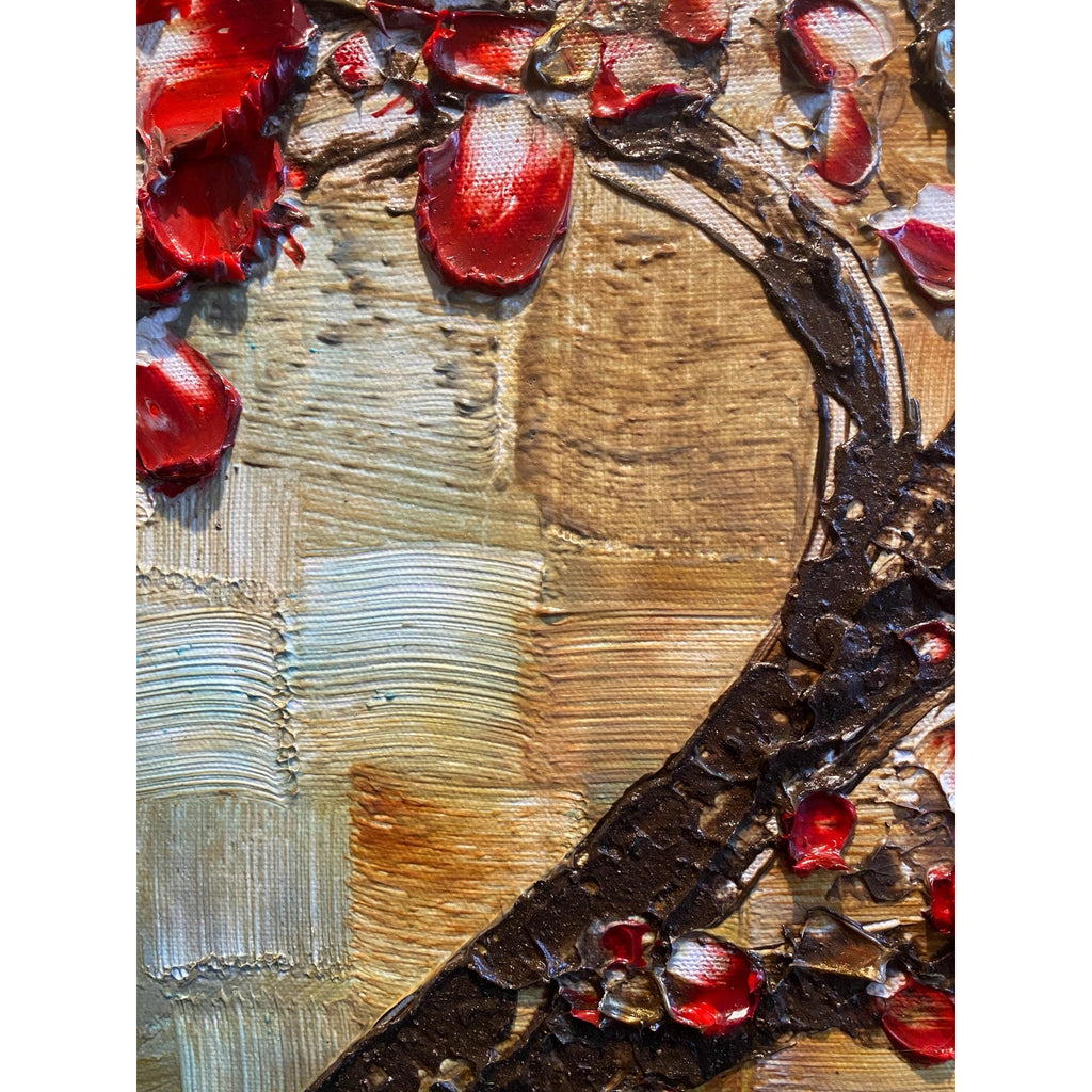 Original Red Cherry Blossom Tree Painting, Palette Knife Impasto Textured Fine Art (36x24")