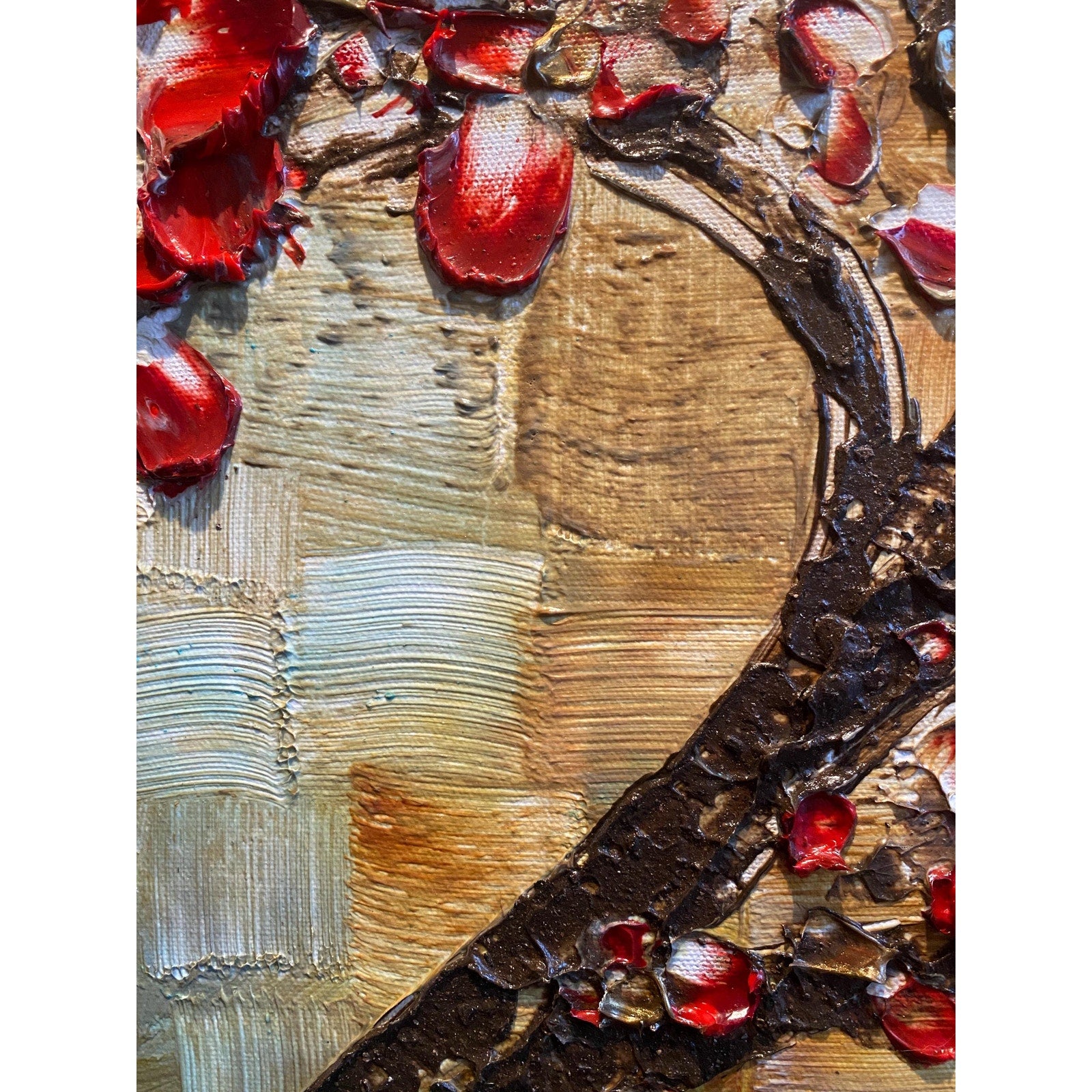 Original Red Cherry Blossom Tree Painting, Palette Knife Impasto Textured Fine Art (36x24")