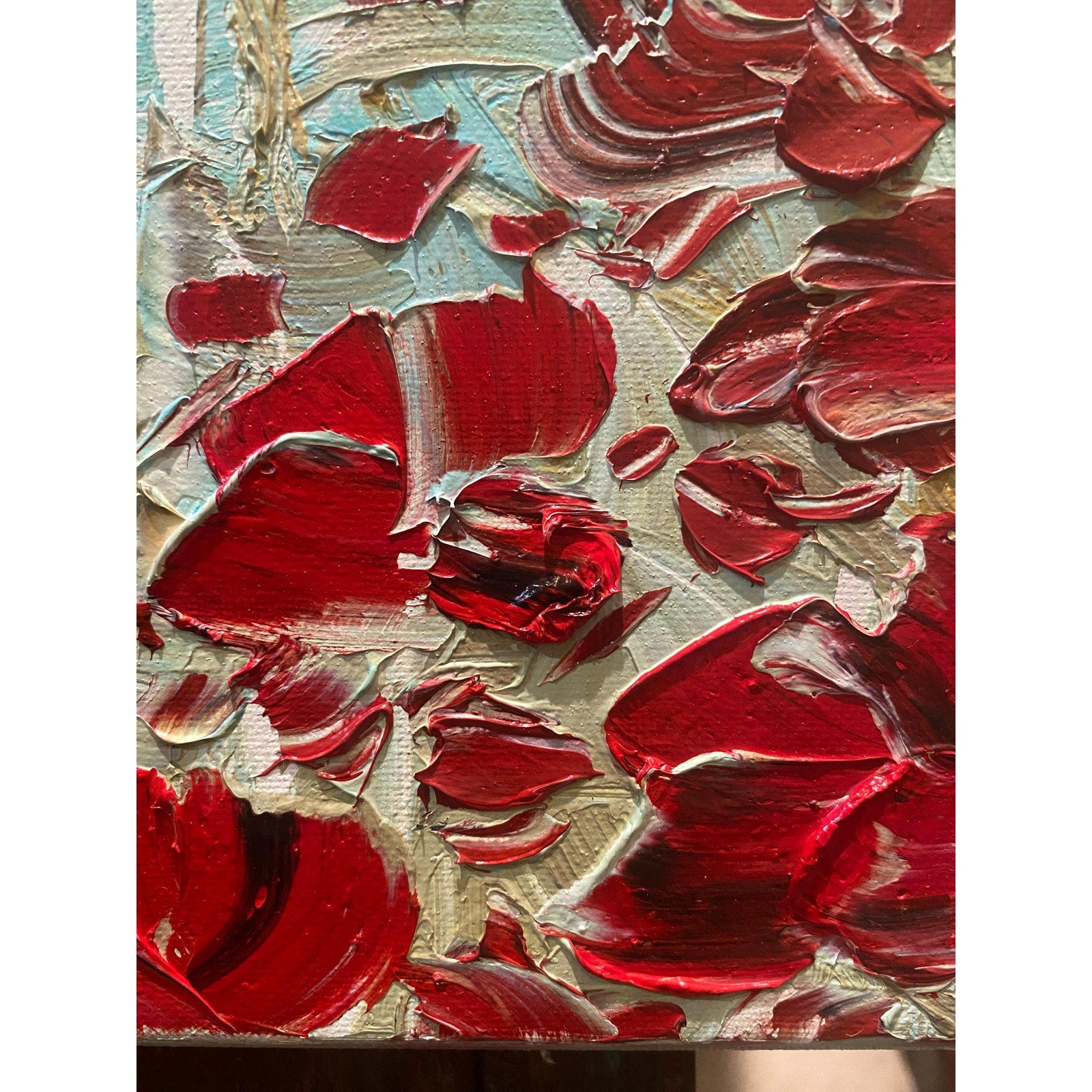 ORIGINAL small oil painting of dragonfly and red poppy flowers landscape on canvas Textured Palette knife art 8x8” by Susanna Shap