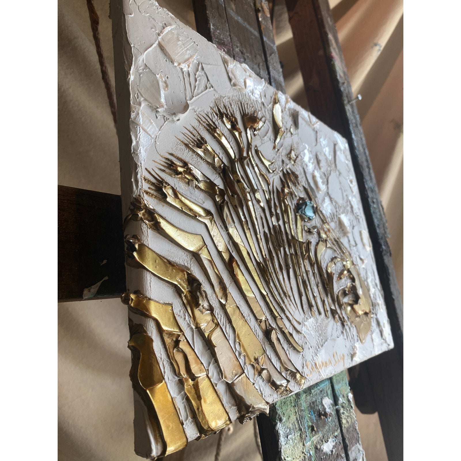 Zebra, ORIGINAL Animal Art Abstract White & Gold Textured painting, Handmade Canvas wall art