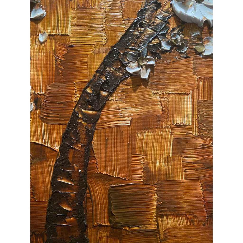 Original textured abstract tree painting, brown and white Cherry Blossom Impasto , Palette Knife impasto fine Art (36x24")