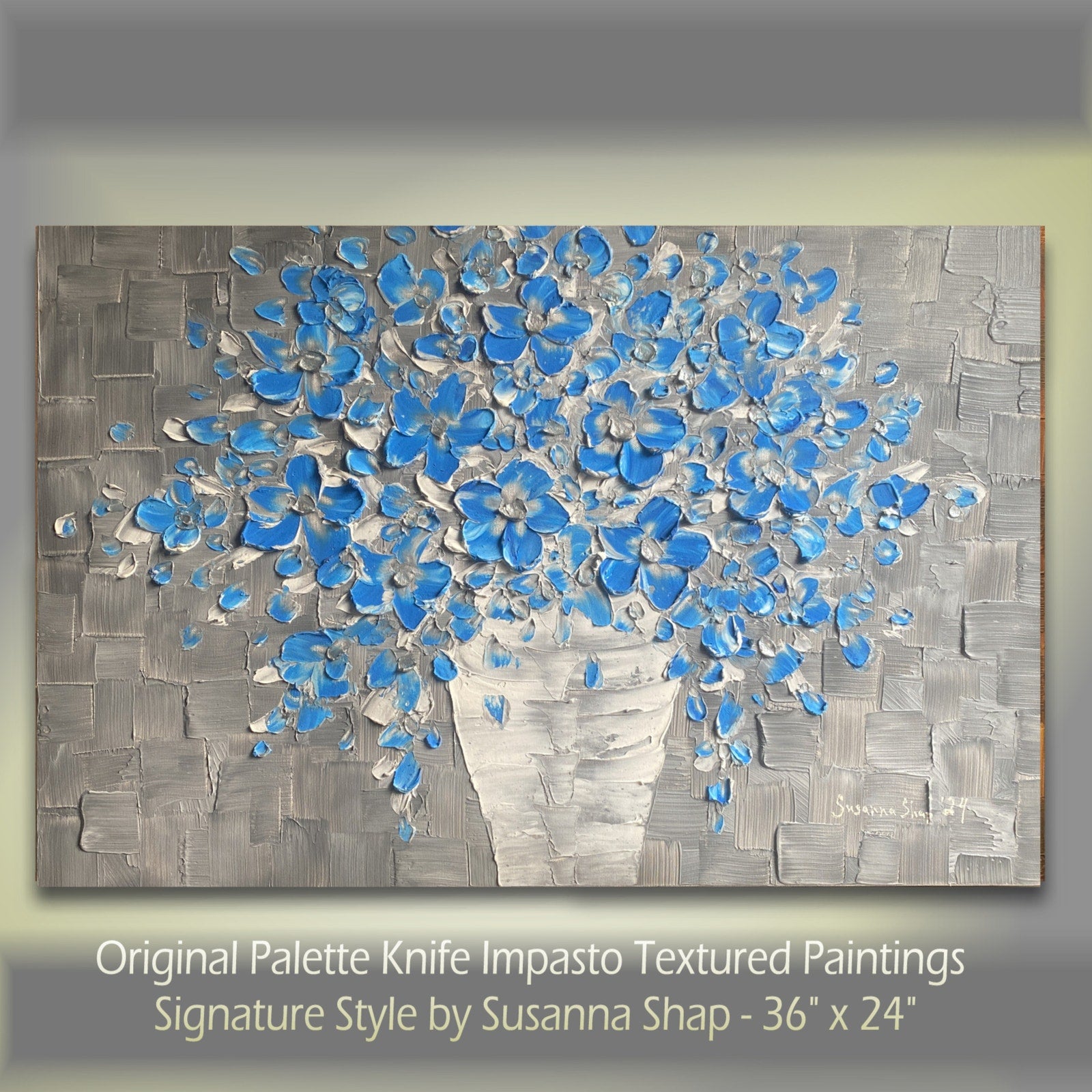 Original Blue flowers Painting Impasto still life bouquet in vase Textured palette knife Floral Art (24x36)