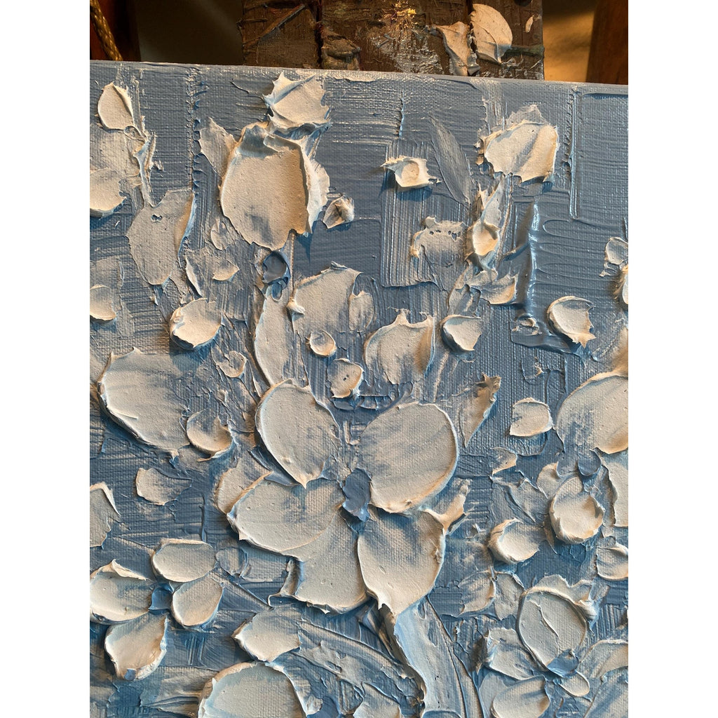 Wedgewood Blue Original Palette Knife Impasto Painting: White Cherry Blossoms tree (24"x24")