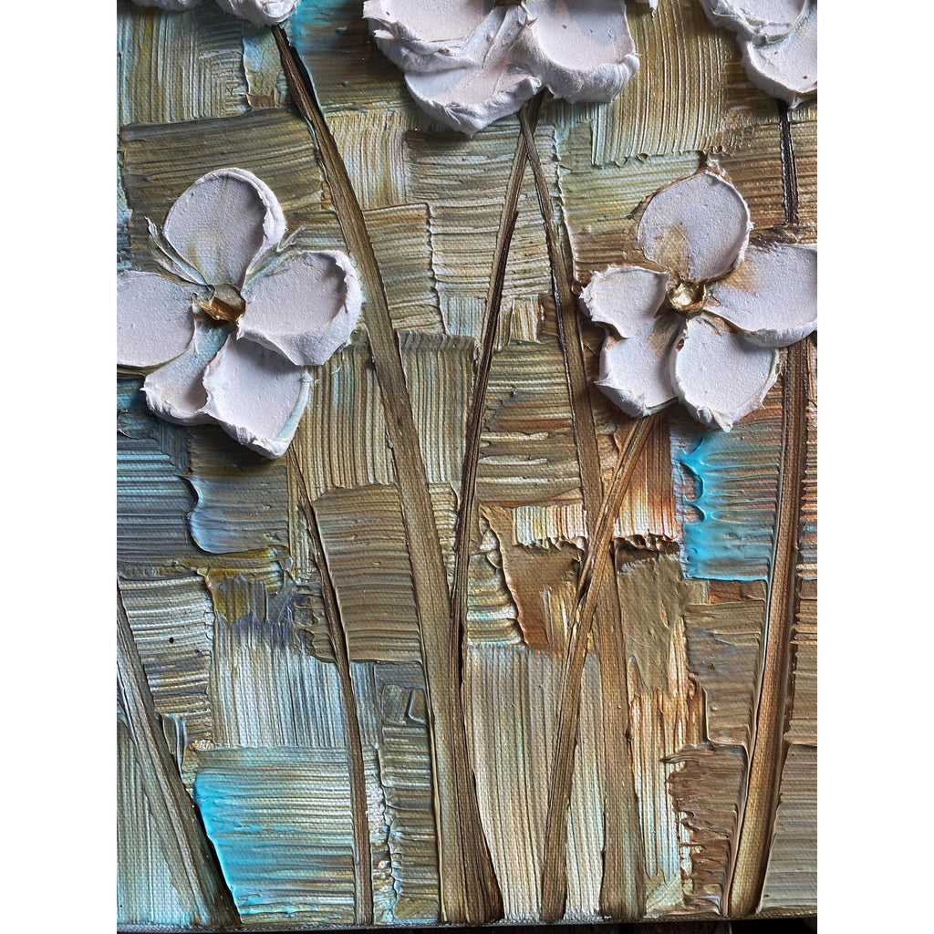 Original Abstract White Textured Flowers Impasto Painting: Palette Knife Fine Art (20"x20")