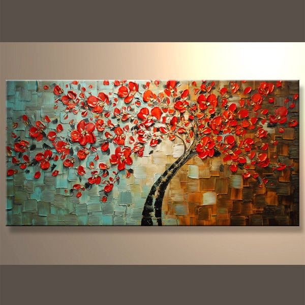 Original Abstract tree painting red cherry blossom textured palette knife impasto art by susanna shap (MADE2ORDER)