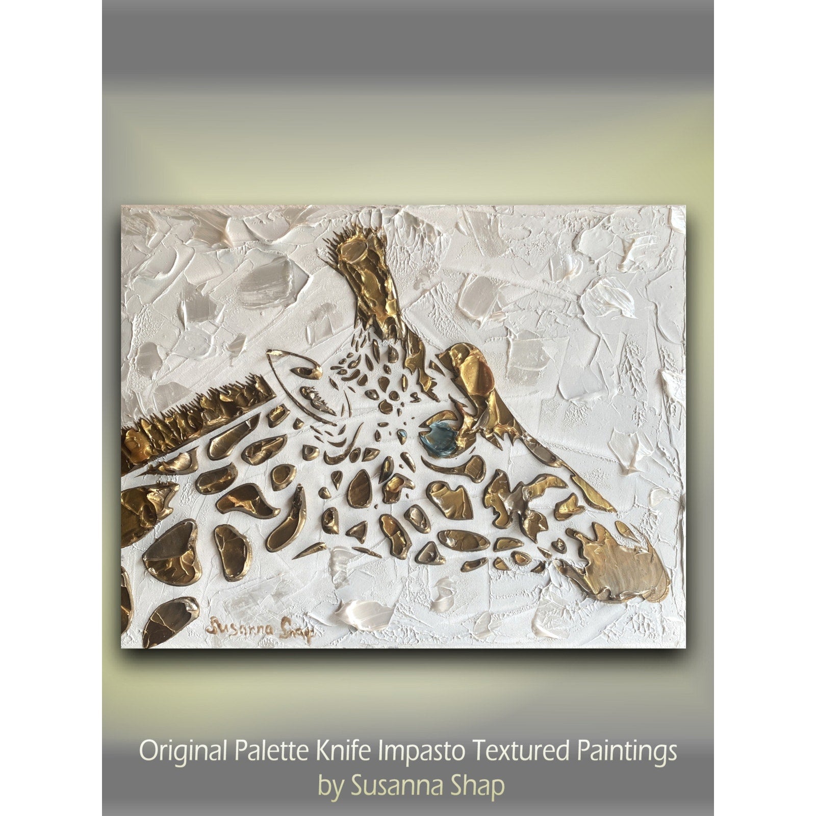 Giraffe, ORIGINAL Animal Art Abstract White & Gold Textured painting, Handmade Canvas wall art by Susanna Shap
