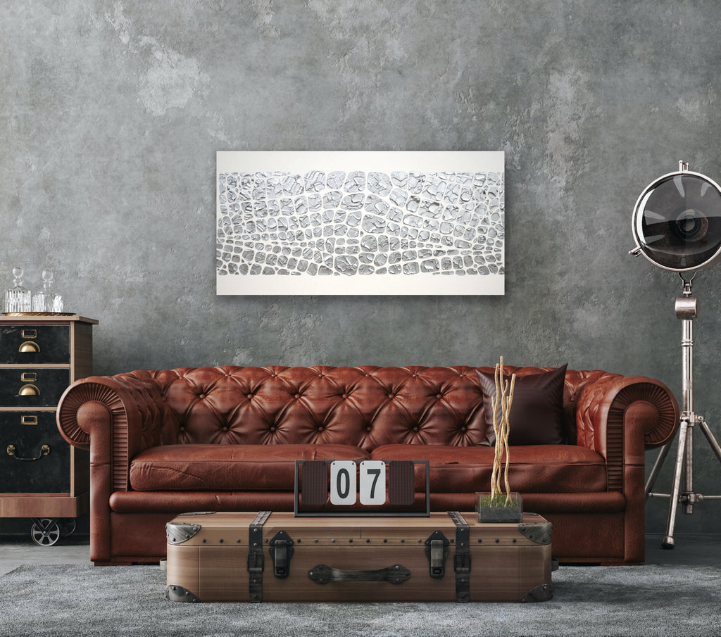Original painting, metallic silver on white, Textured Large Abstract Art MADE2ORDER Mosaic Painting (48”x24”)