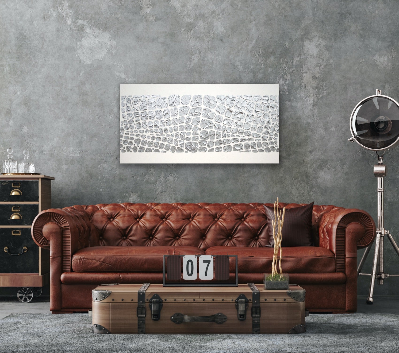 Original painting, metallic silver on white, Textured Large Abstract Art MADE2ORDER Mosaic Painting (48”x24”)