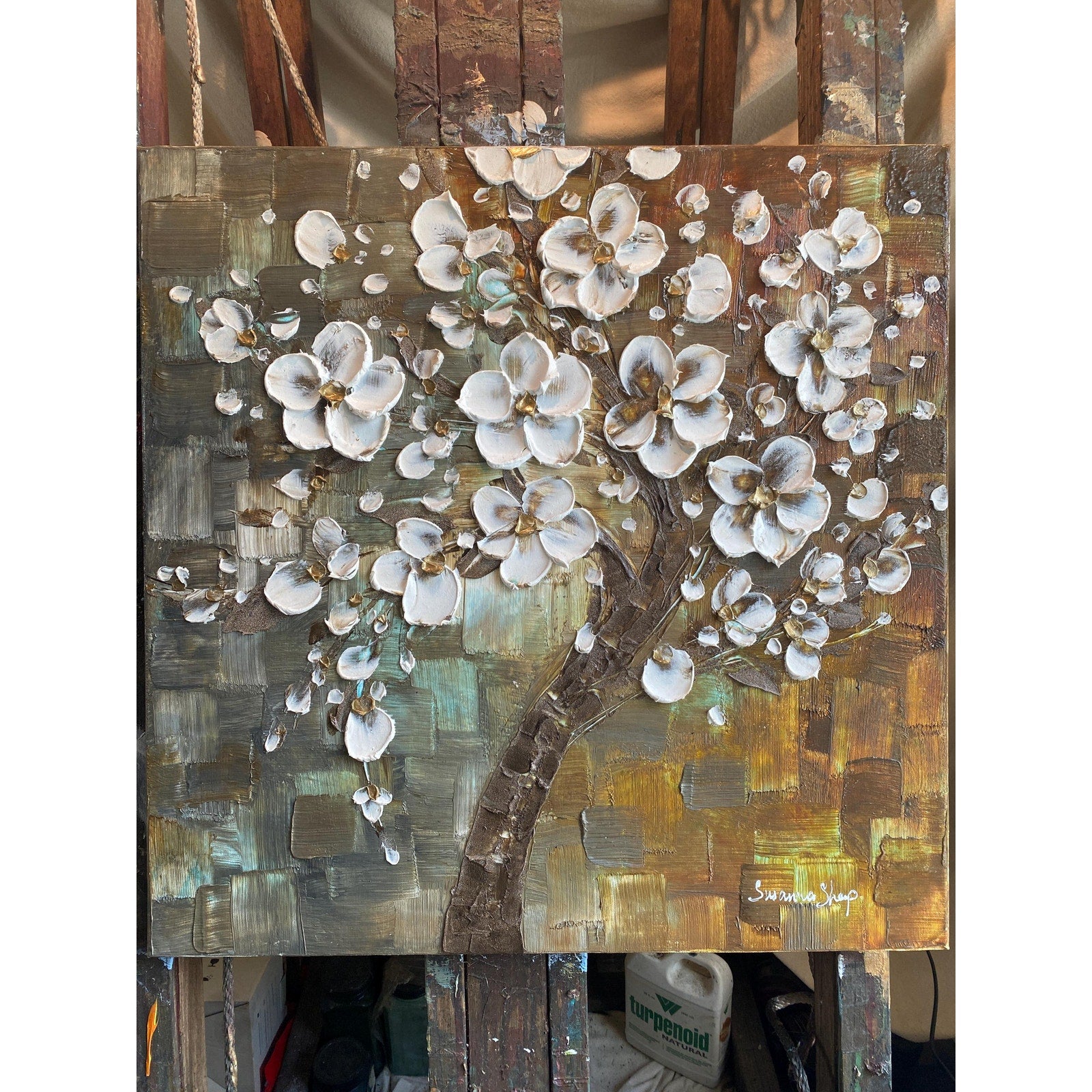 Textured Original White Cherry Blossom Palette Knife Impasto Painting (24x24")