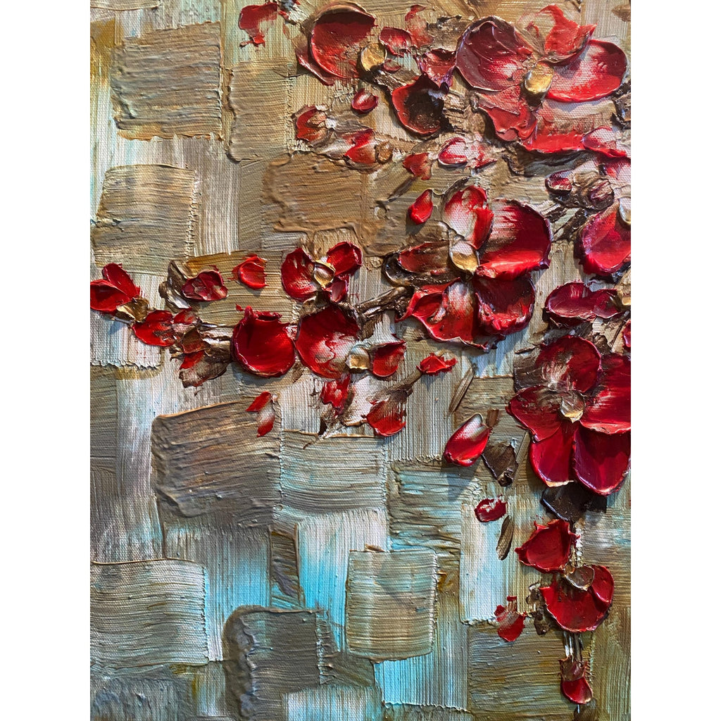 Original Red Cherry Blossom Tree Painting, Palette Knife Impasto Textured Fine Art (36x24")