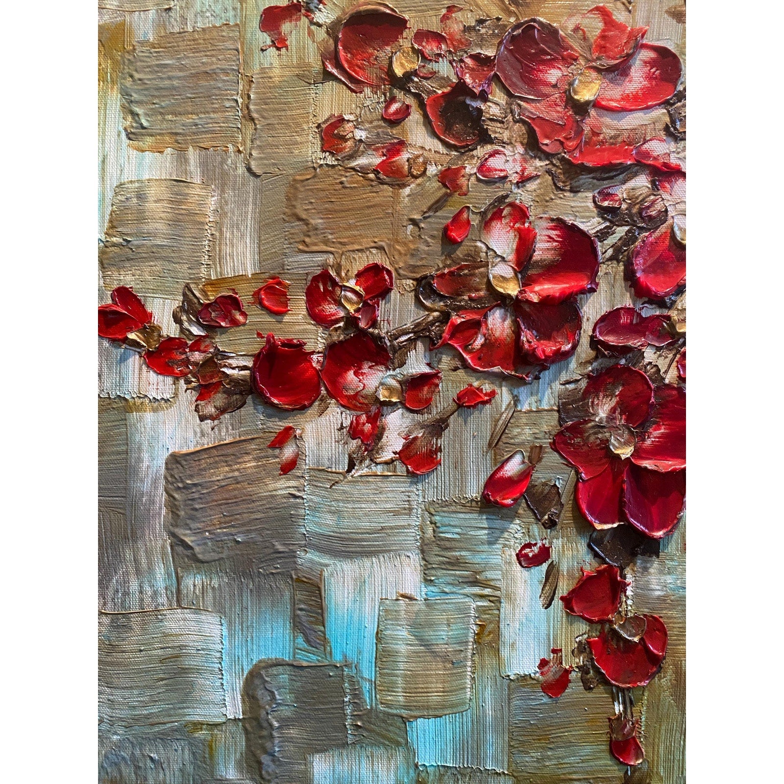 Original Red Cherry Blossom Tree Painting, Palette Knife Impasto Textured Fine Art (36x24")