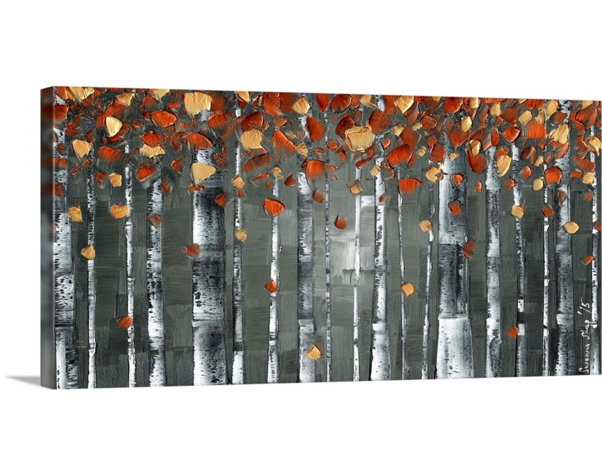 Copper and Grey Birch Trees Forest Landscape Whimsical Wall Art Abstract Expressionist, Fine Art Giclee PRINT on canvas by Susanna Shap