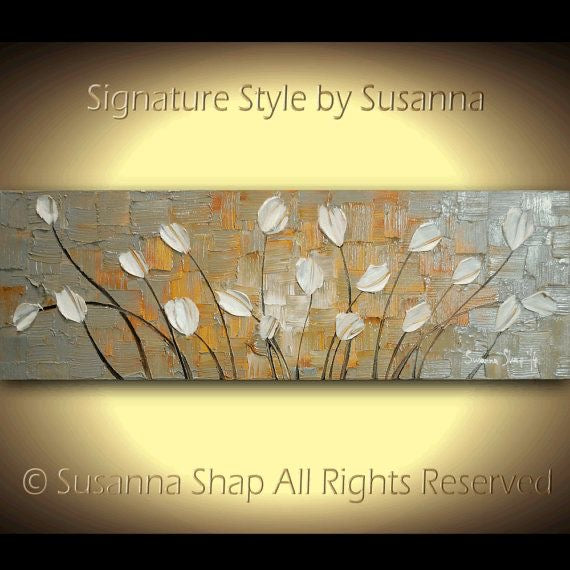 Original Painting White Tulips Abstract Landscape, Earth tones Grey Beige Impasto Textured palette knife art by susanna shap (MADE2ORDER)