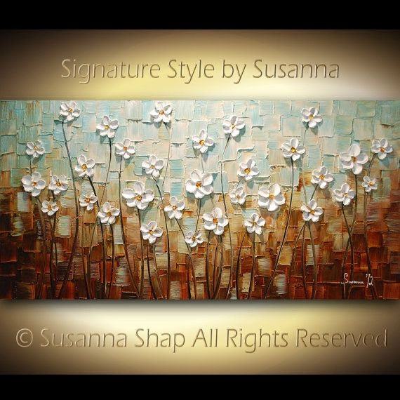 Original Painting White Flower Blossoms no.2 Modern Abstract Landscape, Earth tones Grey Beige Impasto Textured palette knife art by susanna shap (MADE2ORDER)