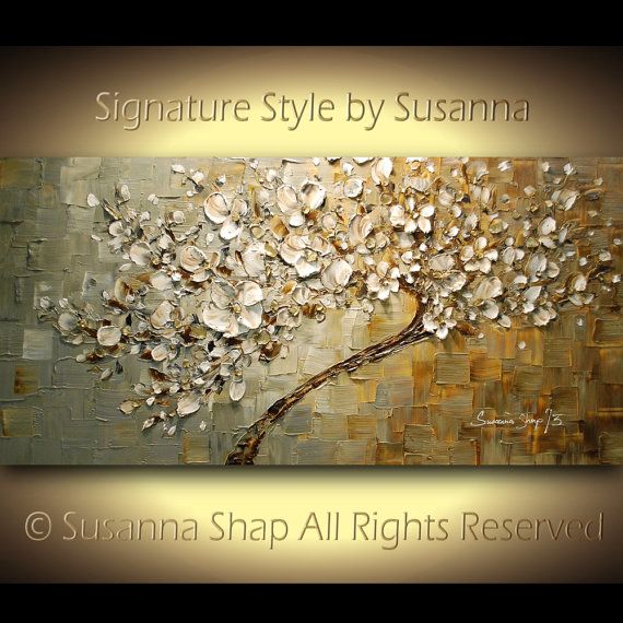 Original Abstract tree painting White cherry blossom, Grey, Brown & Beige textured palette knife impasto art by susanna shap (MADE2ORDER)