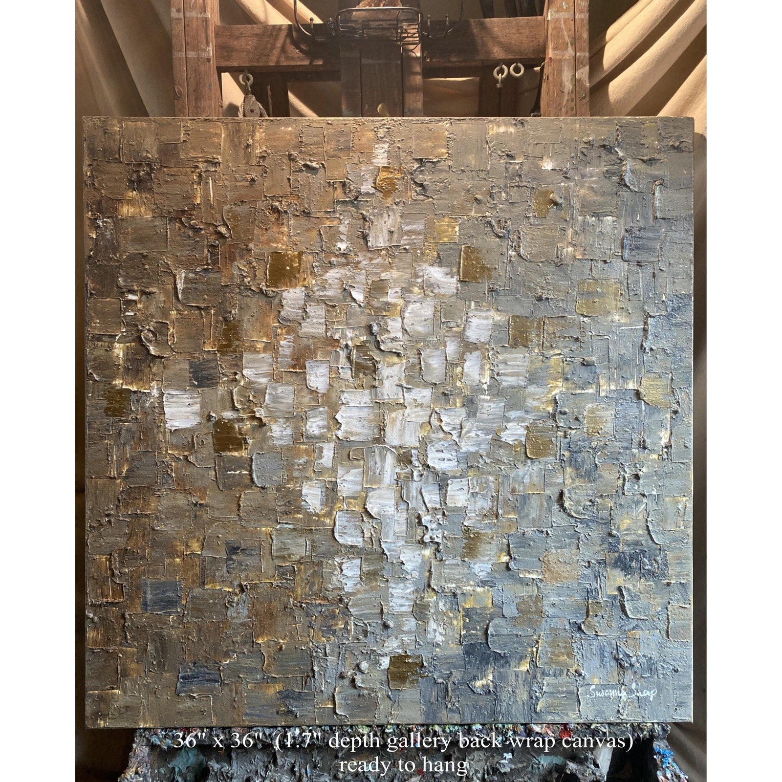 ORIGINAL Minimalist Large Abstract painting Neutral Beige Gray Squares Geometric Heavy Textured 36"x36" Palette knife Art- by Susanna Shap