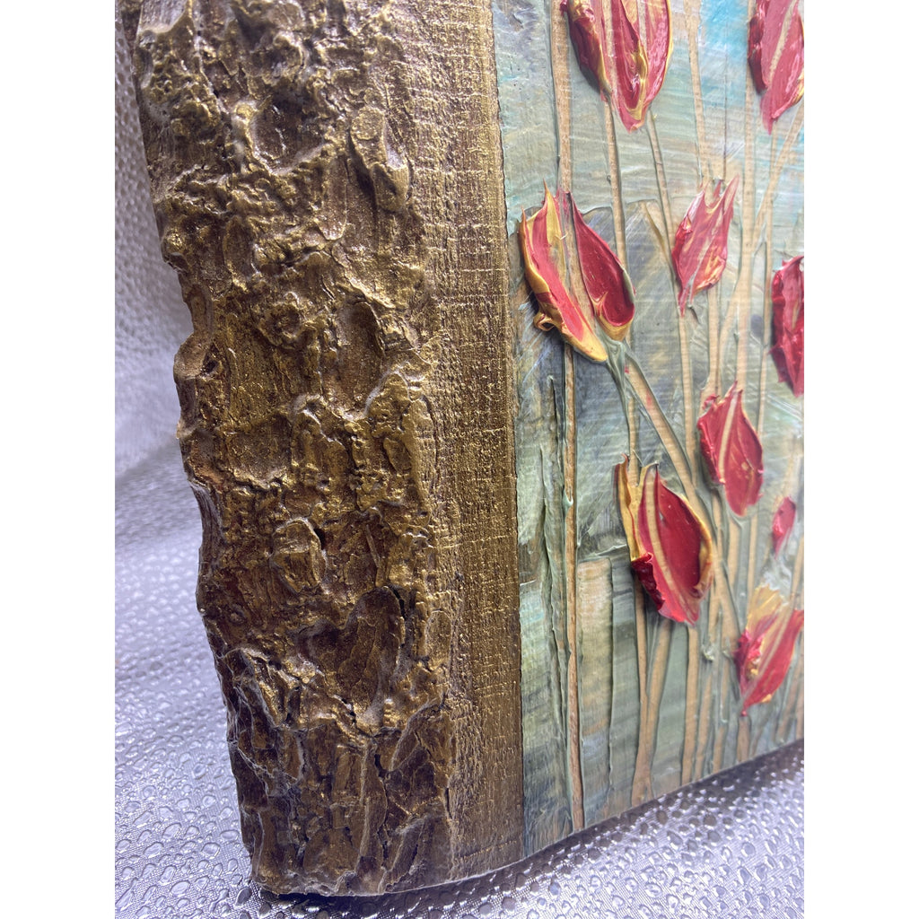 ORIGINAL Tulips Small Floral landscape oil painting, palette knife textured tactile impasto on wood- by Susanna Shap