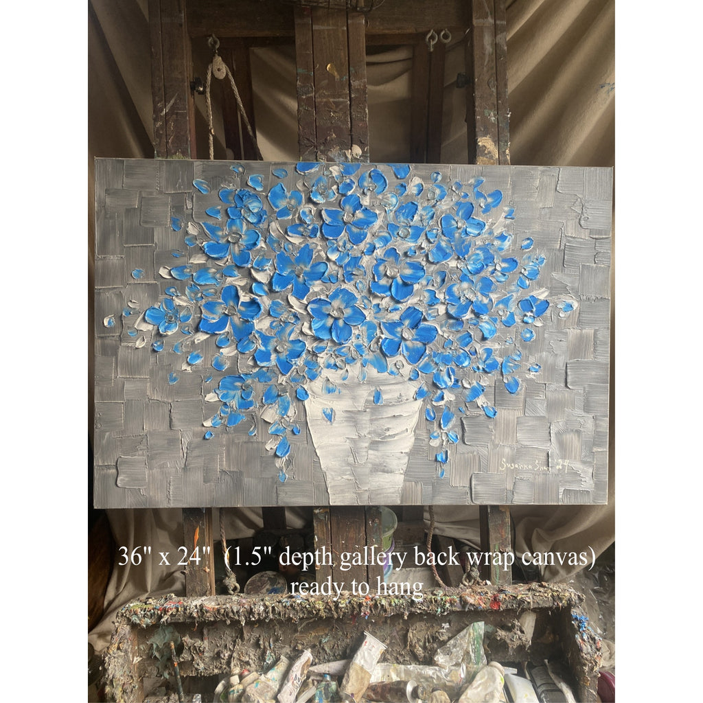 Original Blue flowers Painting Impasto still life bouquet in vase Textured palette knife Floral Art (24x36)