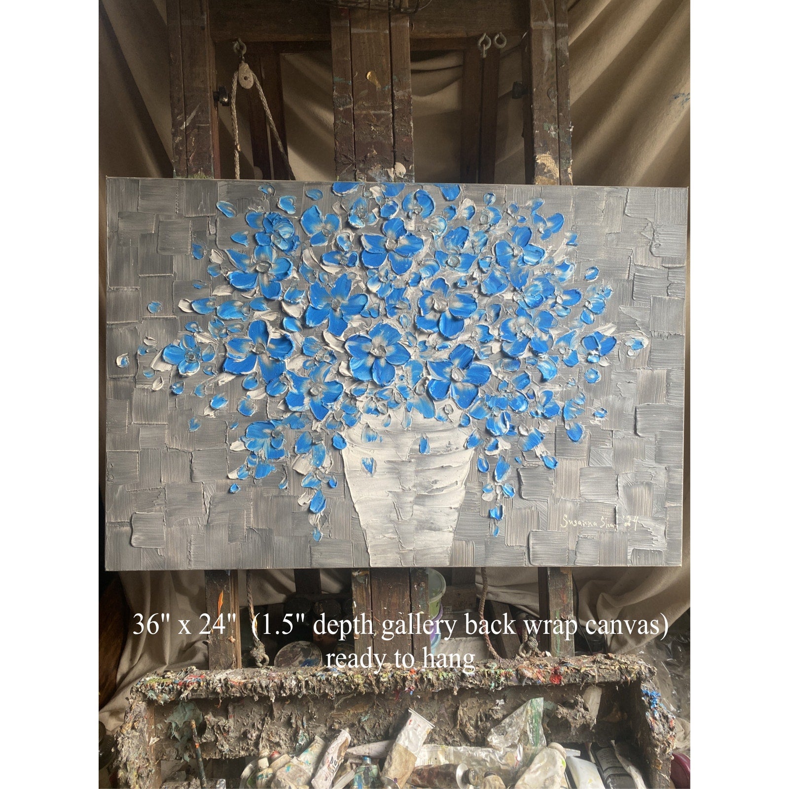 Original Blue flowers Painting Impasto still life bouquet in vase Textured palette knife Floral Art (24x36)